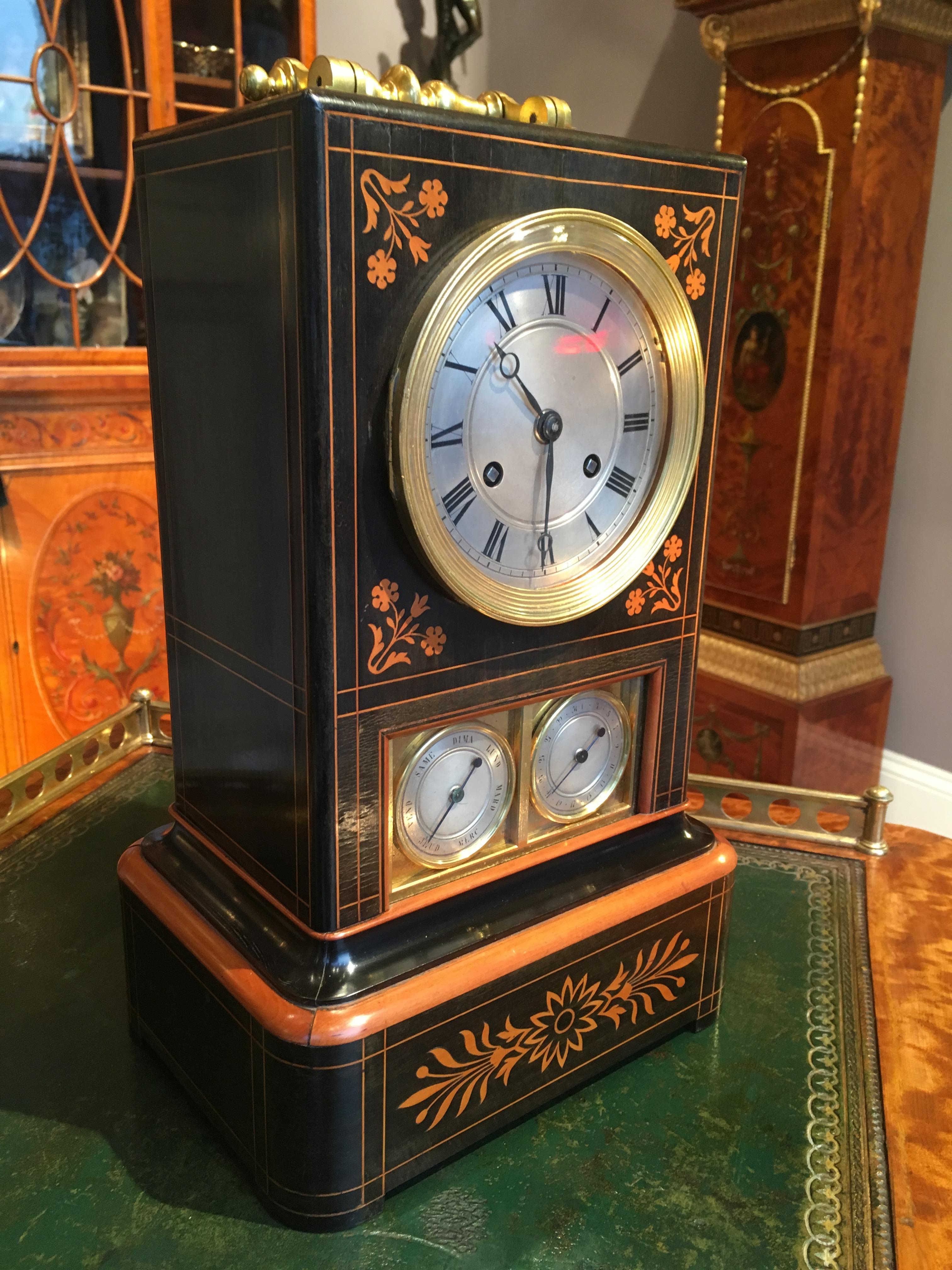 19th Century French Charles X Period Foliate Inlaid Mantle Clock with Calendar For Sale 1