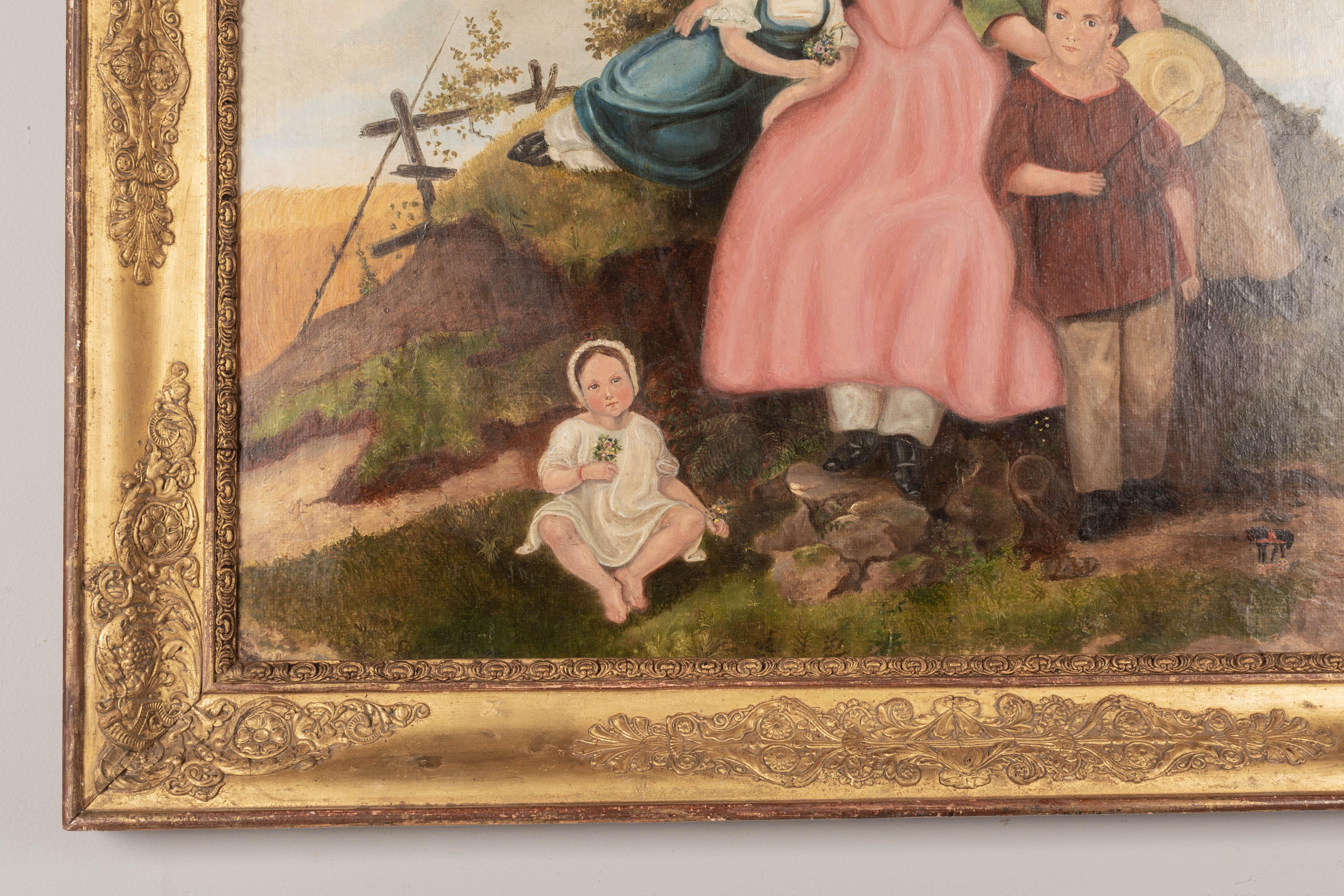 Giltwood 19th Century French Folk Art Family Portrait