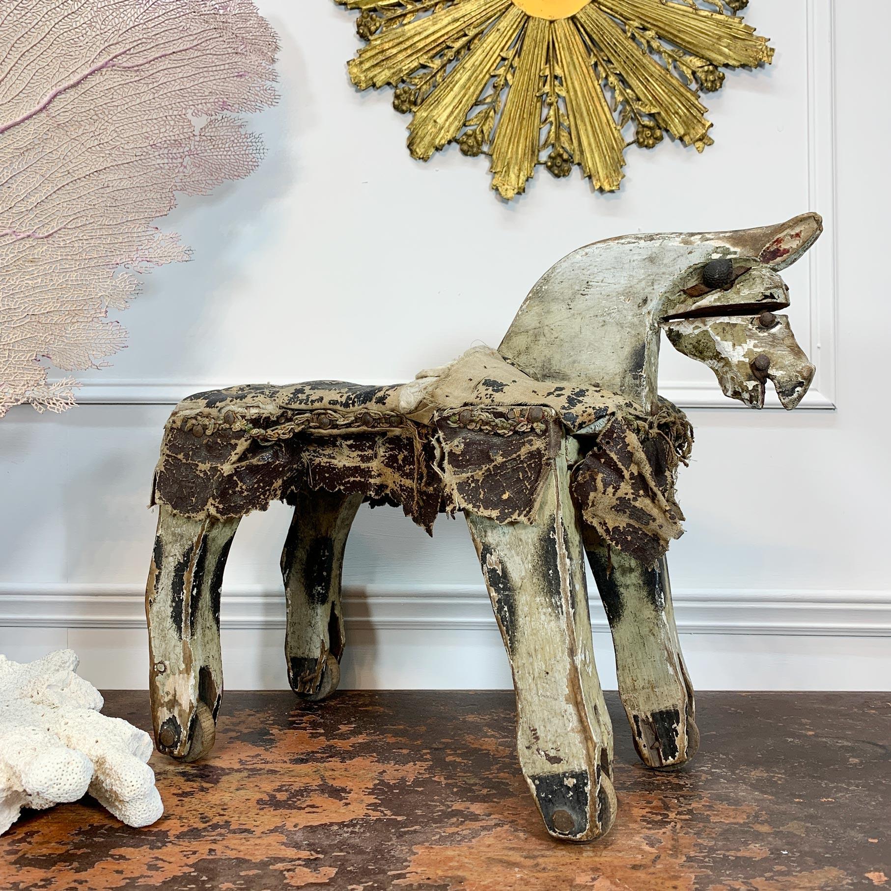 Leather 19th Century French Folk Art Horse on Wheels For Sale