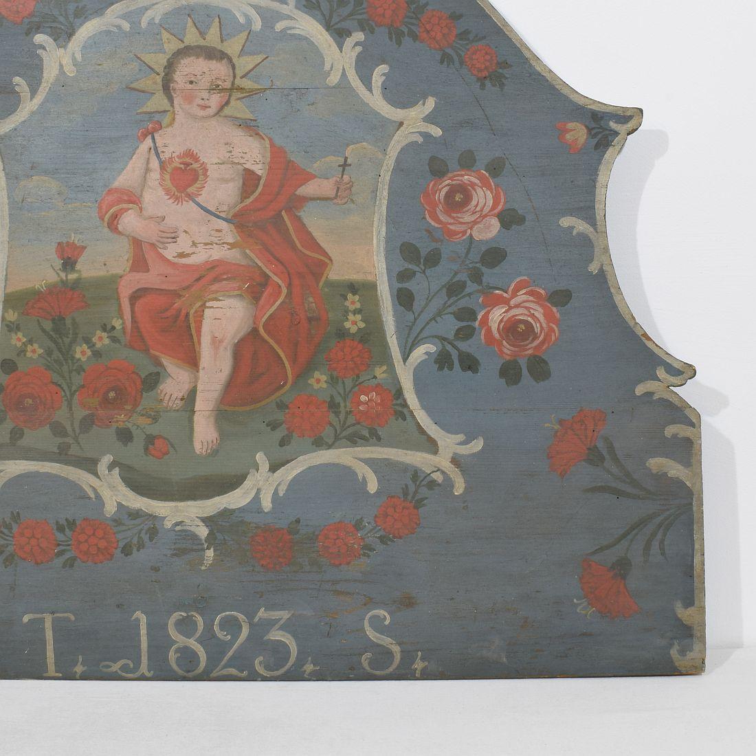 XIXe siècle Panneau en bois peint d'art populaire français du 19e siècle avec un bébé Christ en vente