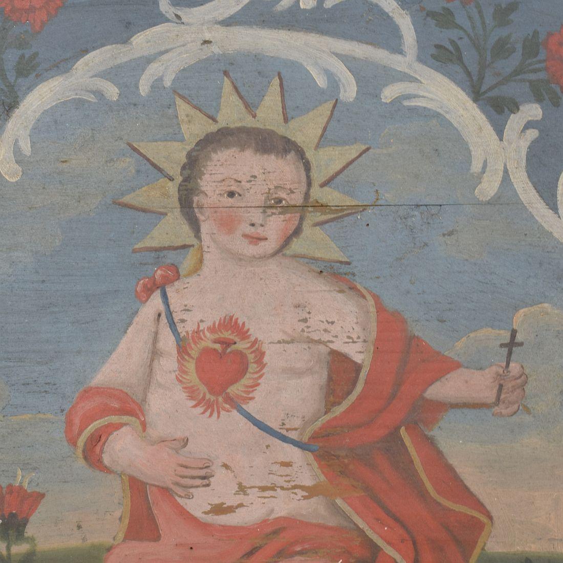 Bois Panneau en bois peint d'art populaire français du 19e siècle avec un bébé Christ en vente