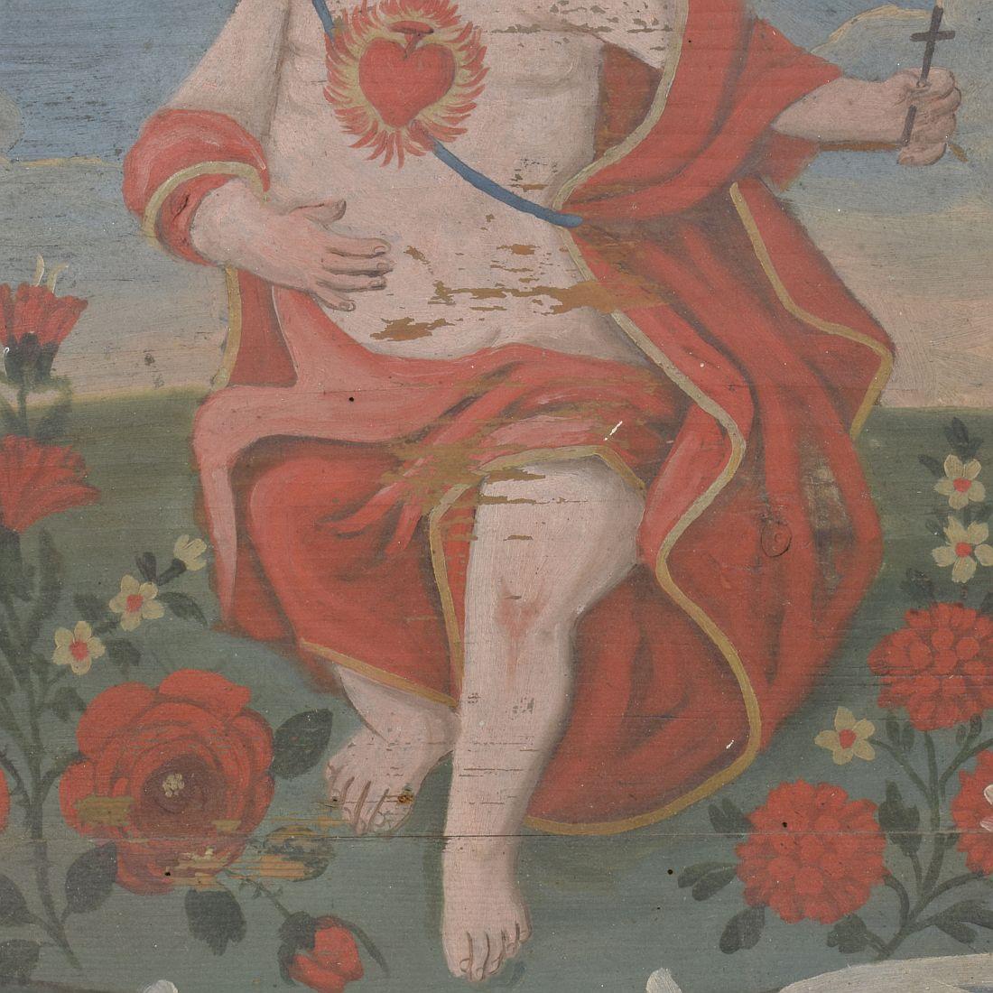 Panneau en bois peint d'art populaire français du 19e siècle avec un bébé Christ en vente 1