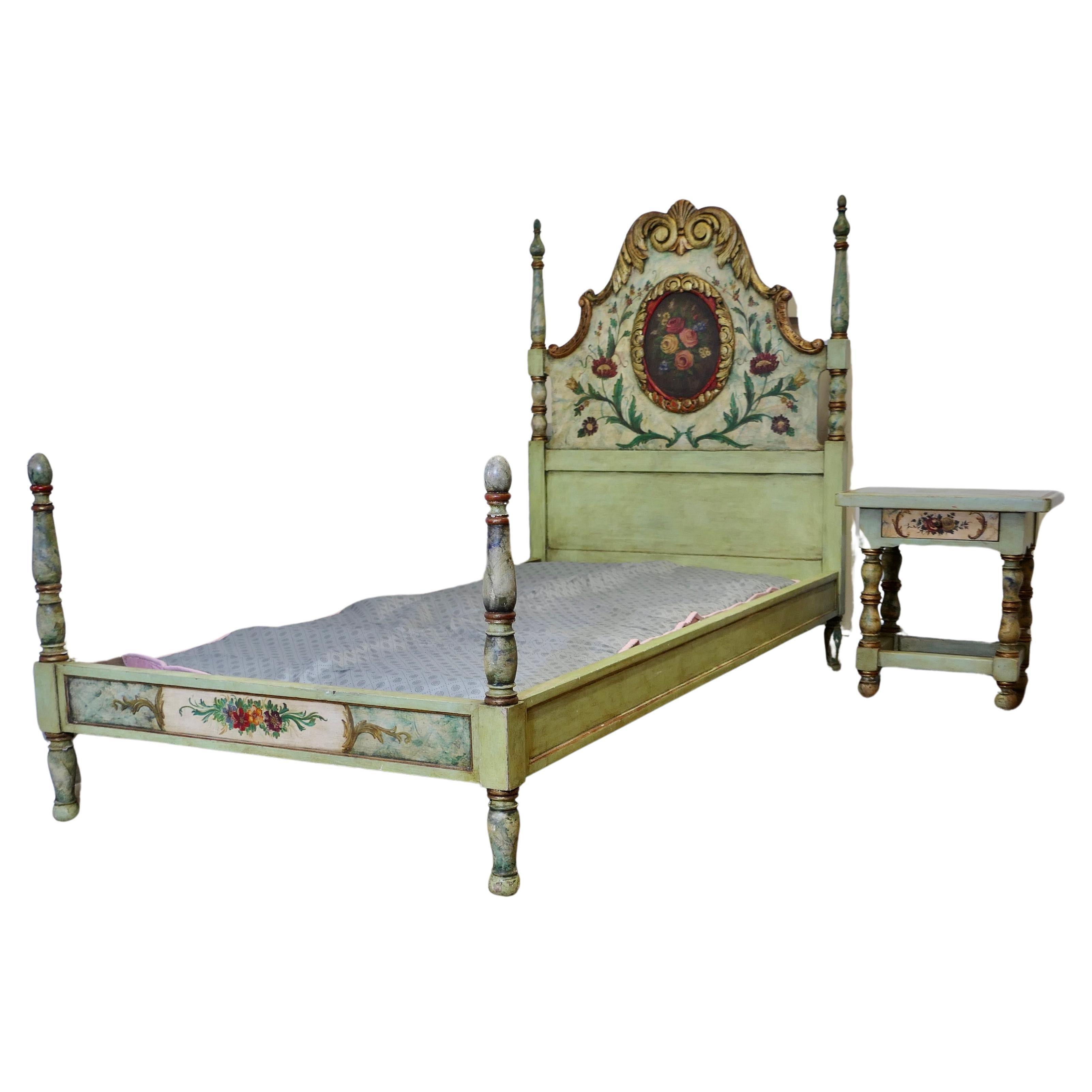 19th Century French Folk Art Single Bed with Night Table