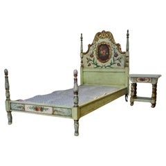 Antique 19th Century French Folk Art Single Bed with Night Table   