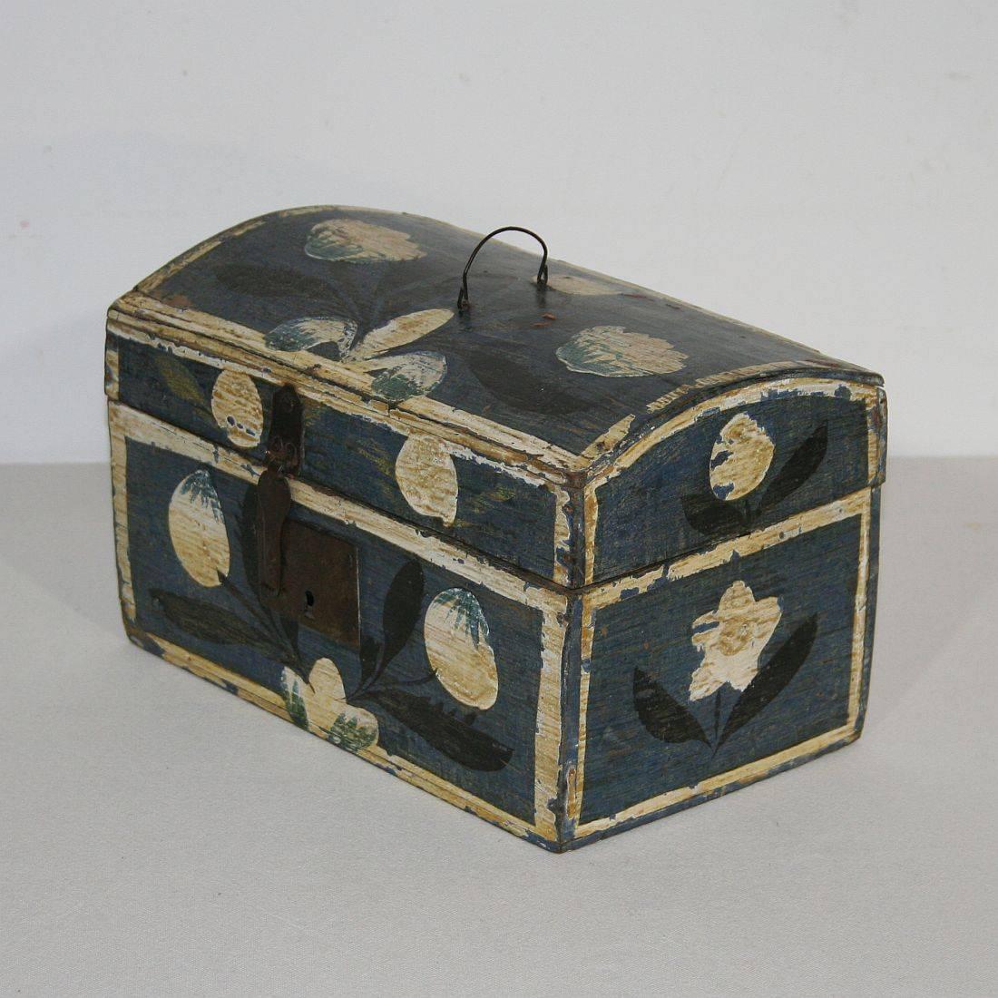 Rare and beautiful painted folk art wedding box from Normandy, France circa 1800-1850. Weathered.