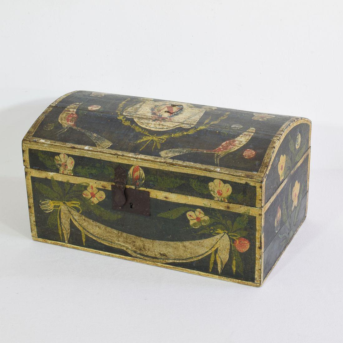 Beautiful Folk Art wedding box.
Normandie, France, circa 1800-1850. Weathered and old restorations.
 
 
 
  