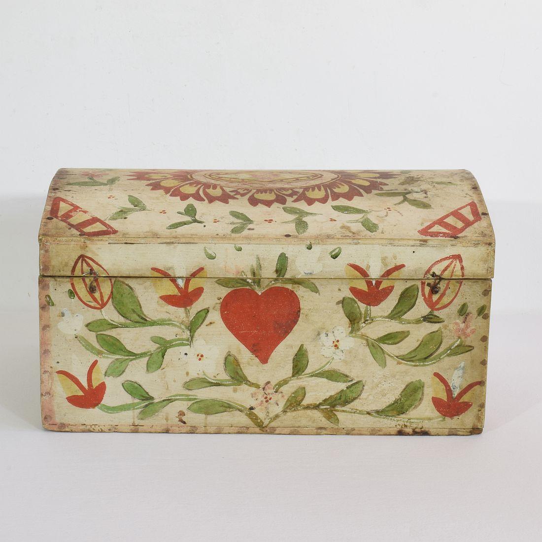 Beautiful Folk Art wedding box.
Normandie, France, circa 1800-1850. Weathered.
 
 
 
 