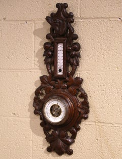 19th Century French Forest Carved Oak Barometer and Thermometer with Dog Motif