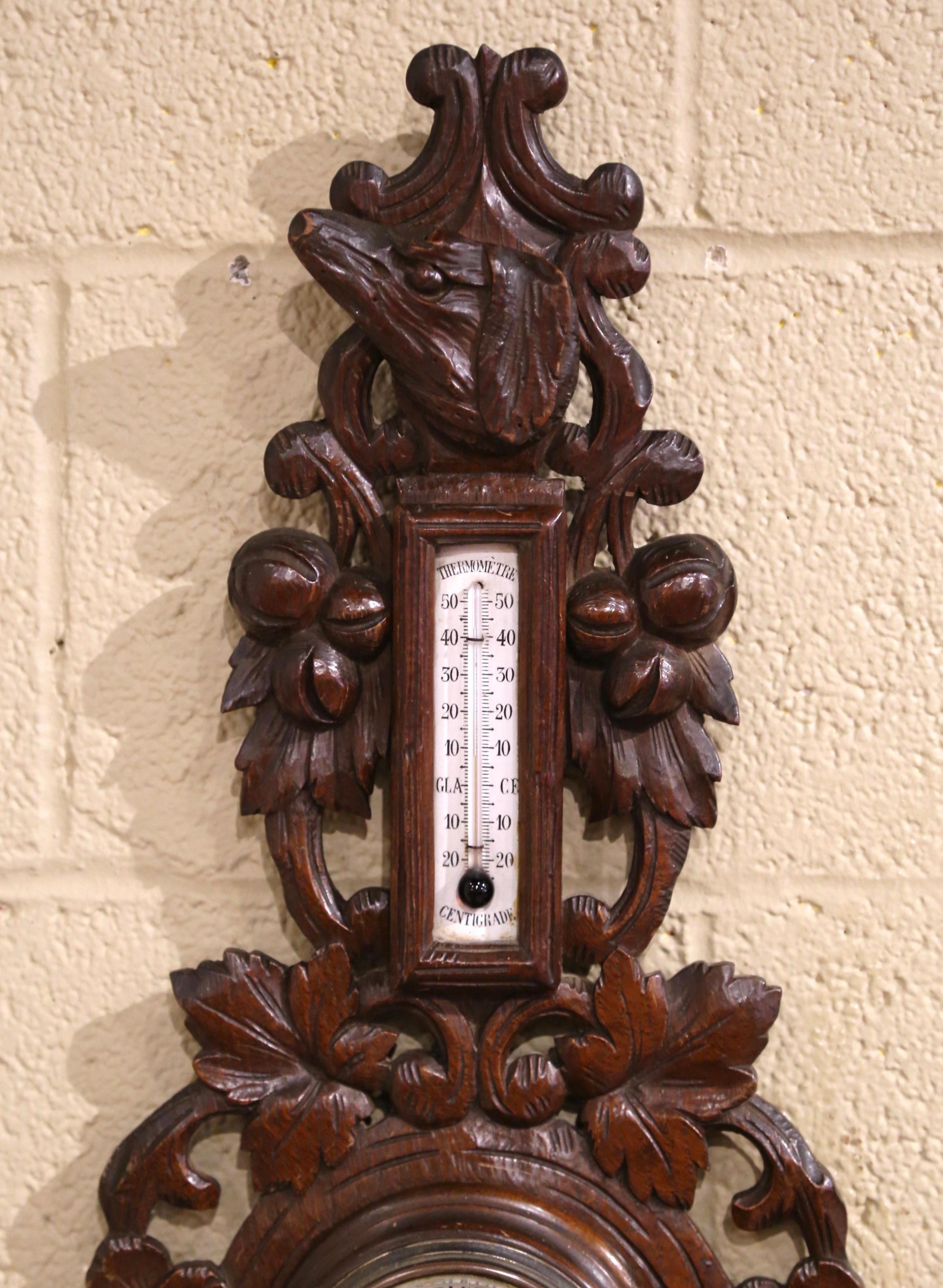 Black Forest 19th Century French Forest Carved Oak Barometer and Thermometer with Dog Motif For Sale