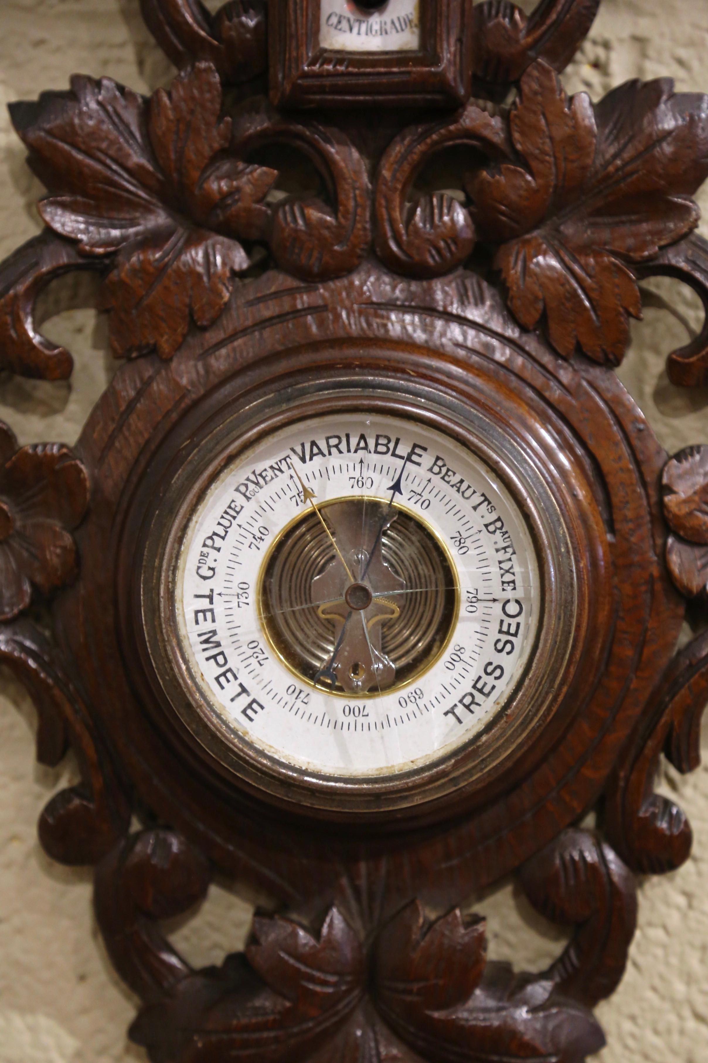 Hand-Carved 19th Century French Forest Carved Oak Barometer and Thermometer with Dog Motif For Sale