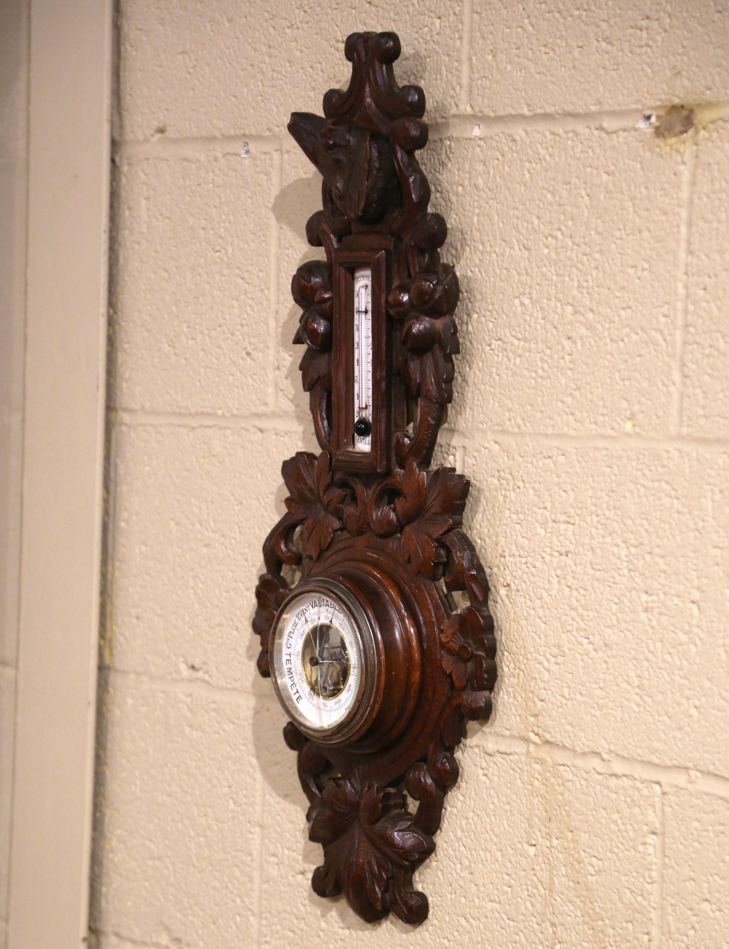 19th Century French Forest Carved Oak Barometer and Thermometer with Dog Motif For Sale 2