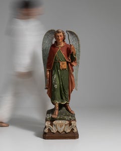 19th Century French Forest Green Polychrome Wood Statue of Archangel Raphael