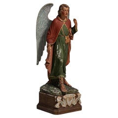 19th Century French Forest Green Polychrome Wood Statue of Archangel Raphael