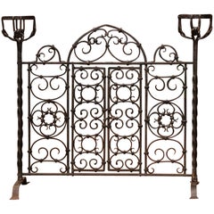 Antique 19th Century French Forged Iron Double Door Fireplace Screen with Bowl Holders