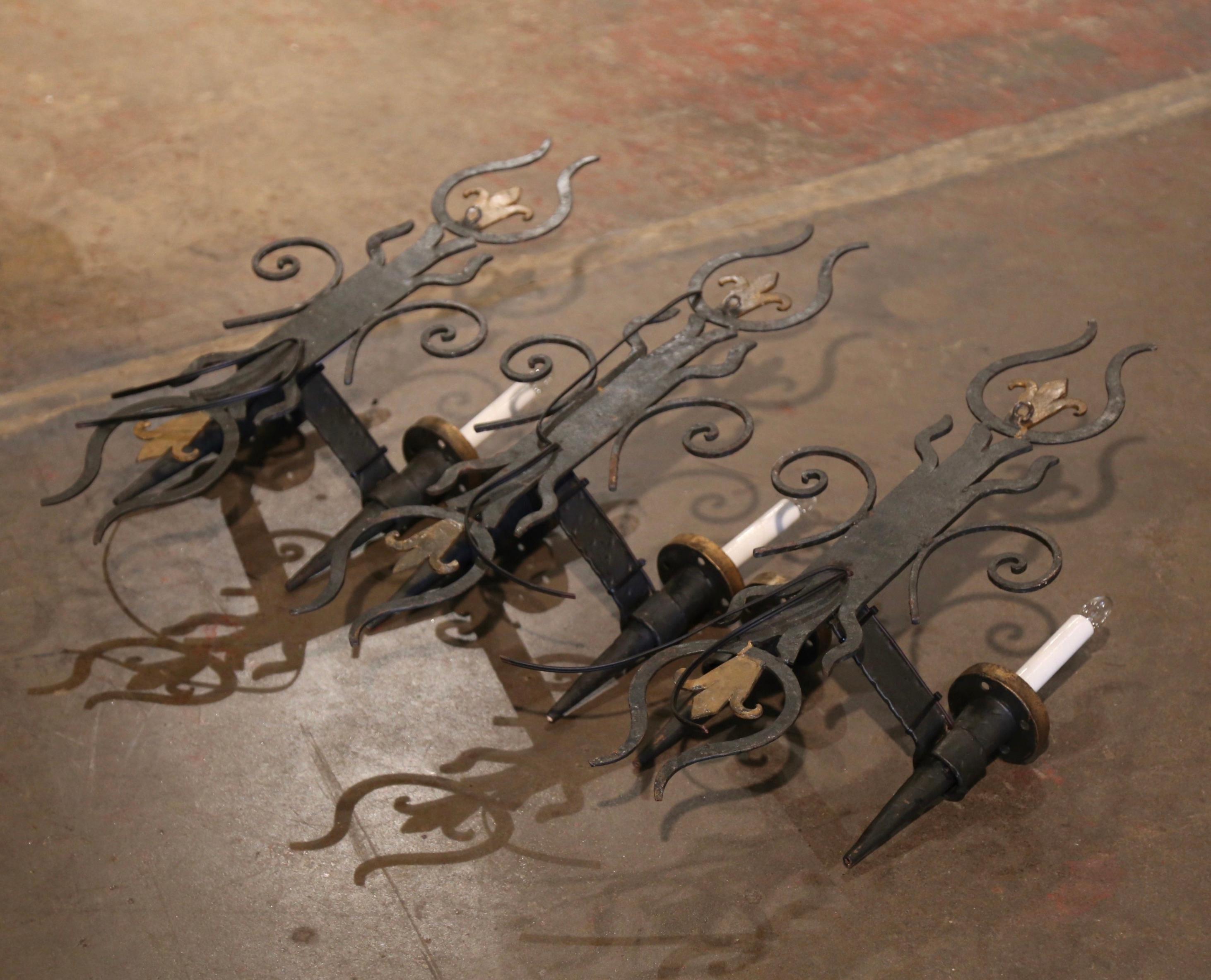 19th Century French Forged Iron Two-Light Wall Torchere Sconces, Set of 3 For Sale 6