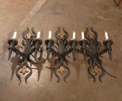 19th Century French Forged Iron Two-Light Wall Torchere Sconces, Set of 3