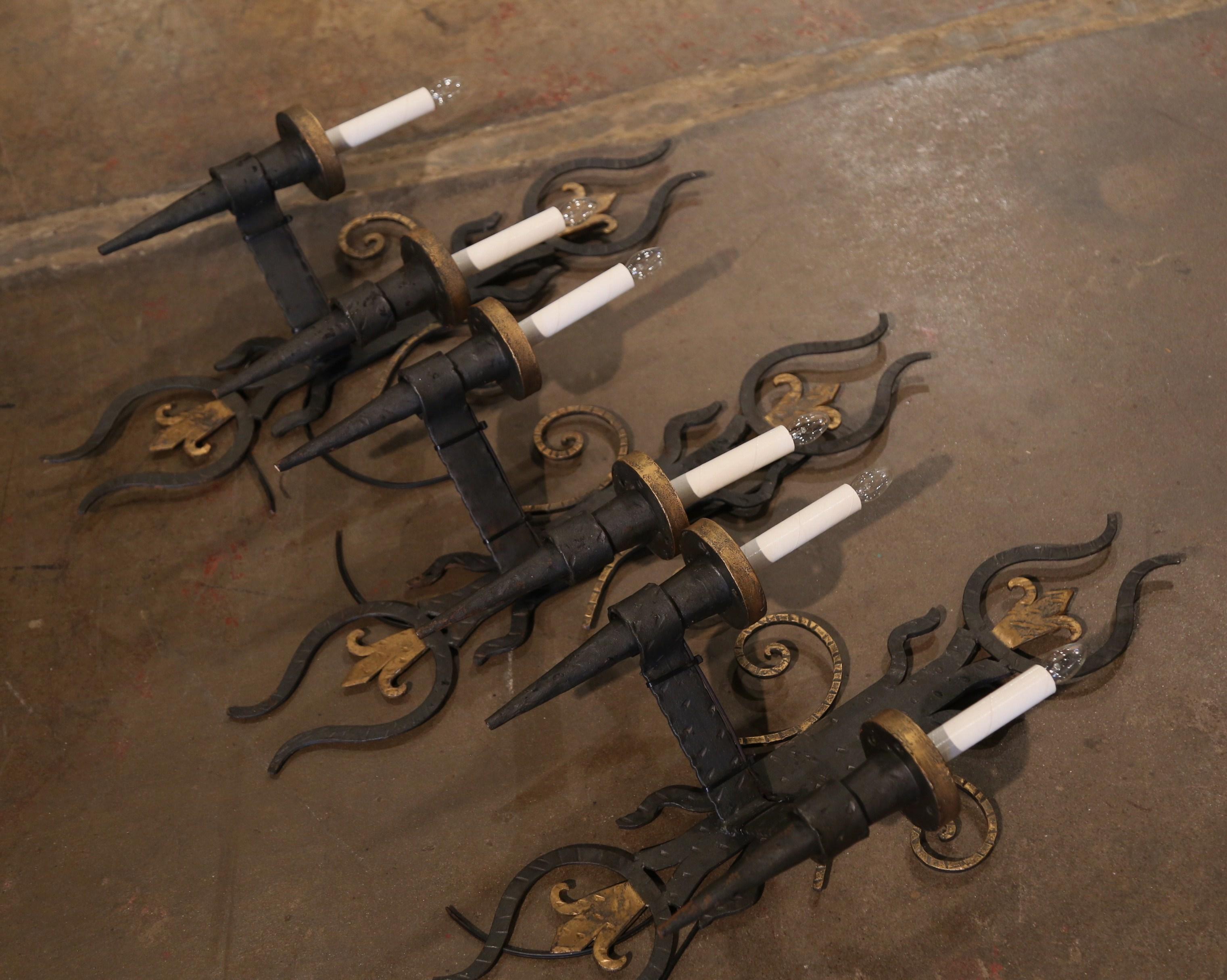 Gothic 19th Century French Forged Iron Two-Light Wall Torchere Sconces, Set of 3 For Sale