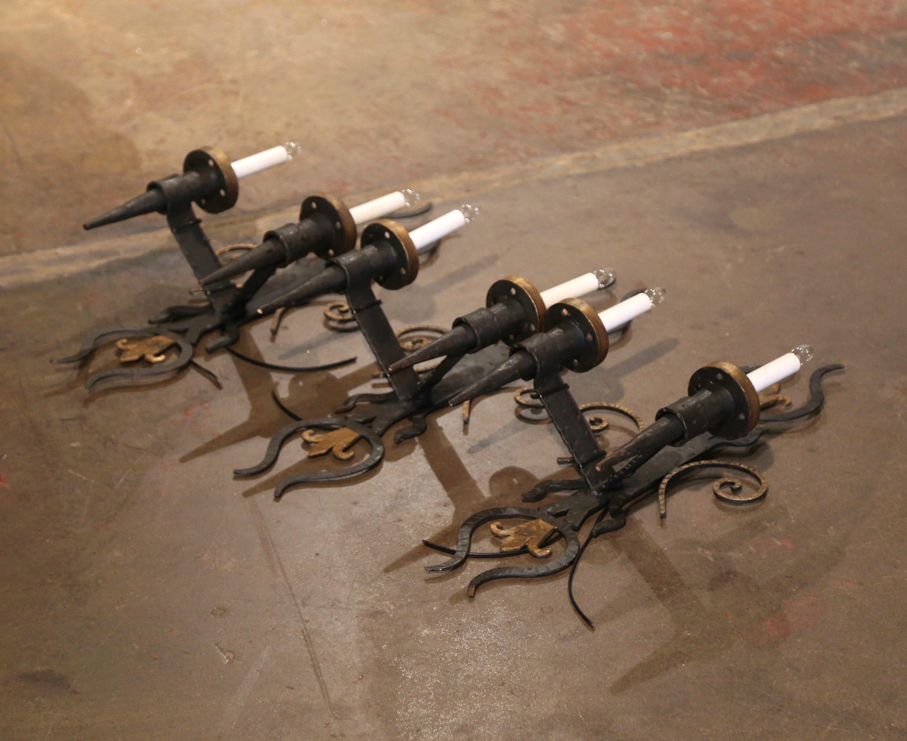 19th Century French Forged Iron Two-Light Wall Torchere Sconces, Set of 3 In Excellent Condition For Sale In Dallas, TX