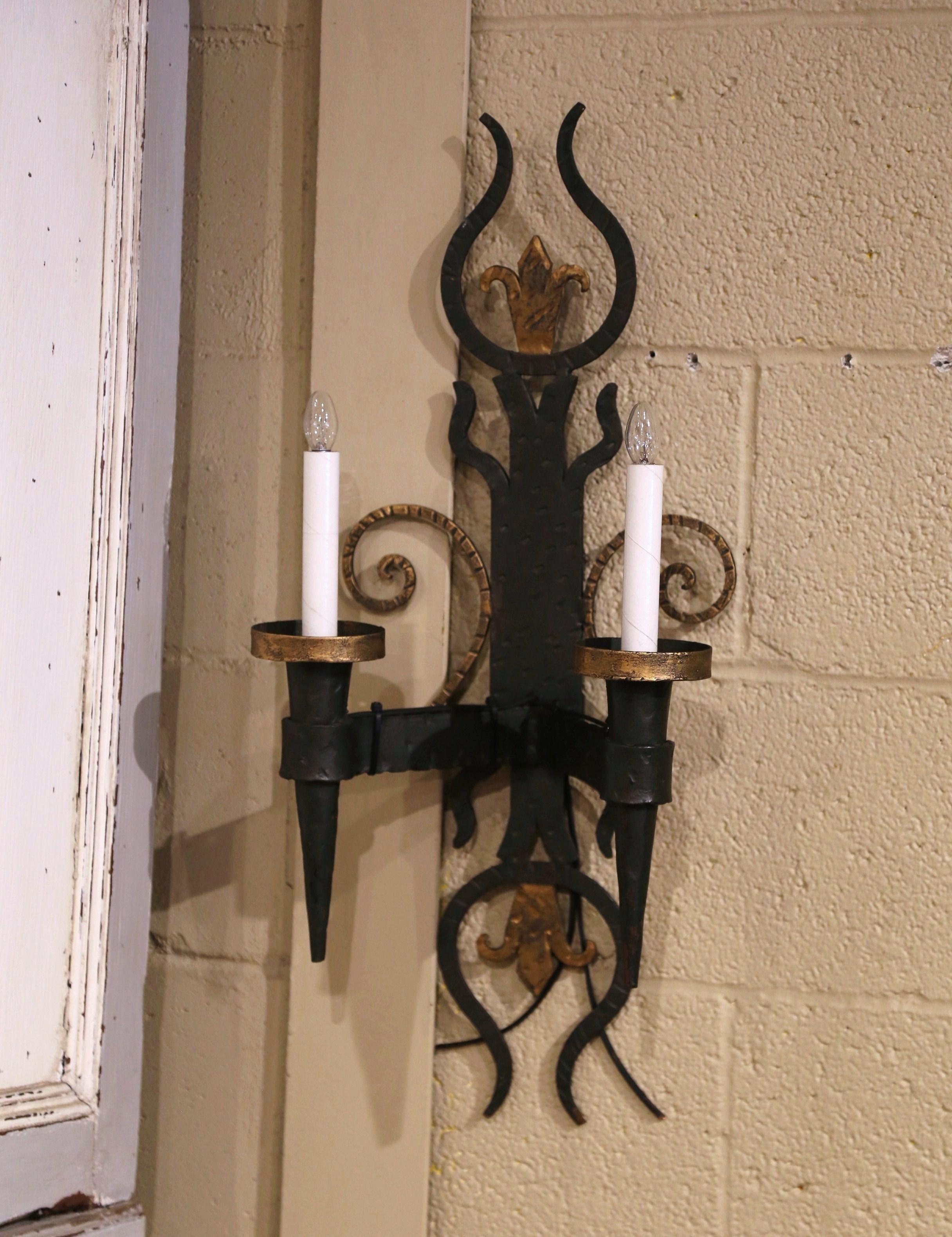 19th Century French Forged Iron Two-Light Wall Torchere Sconces, Set of 3 For Sale 1