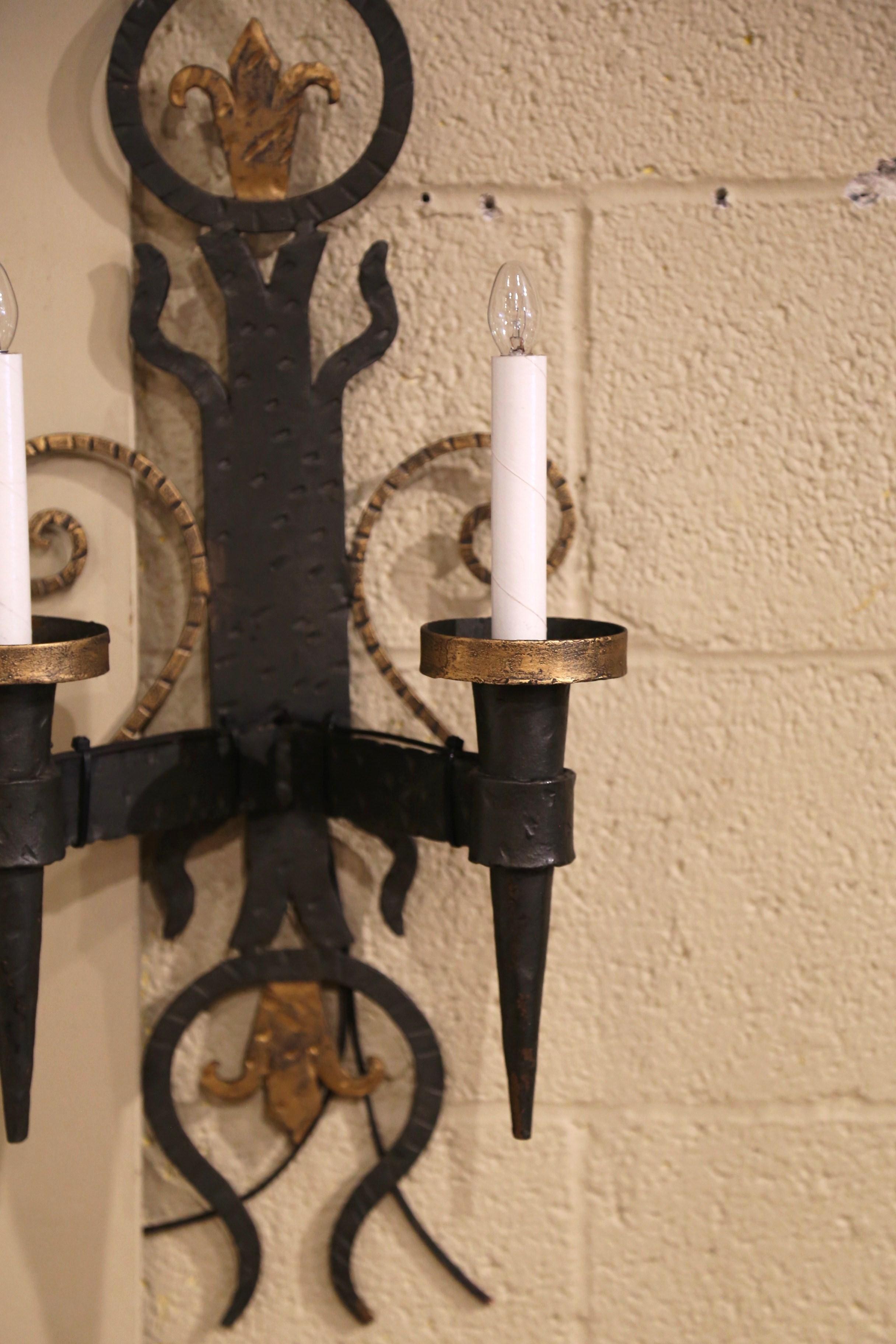 19th Century French Forged Iron Two-Light Wall Torchere Sconces, Set of 3 For Sale 2