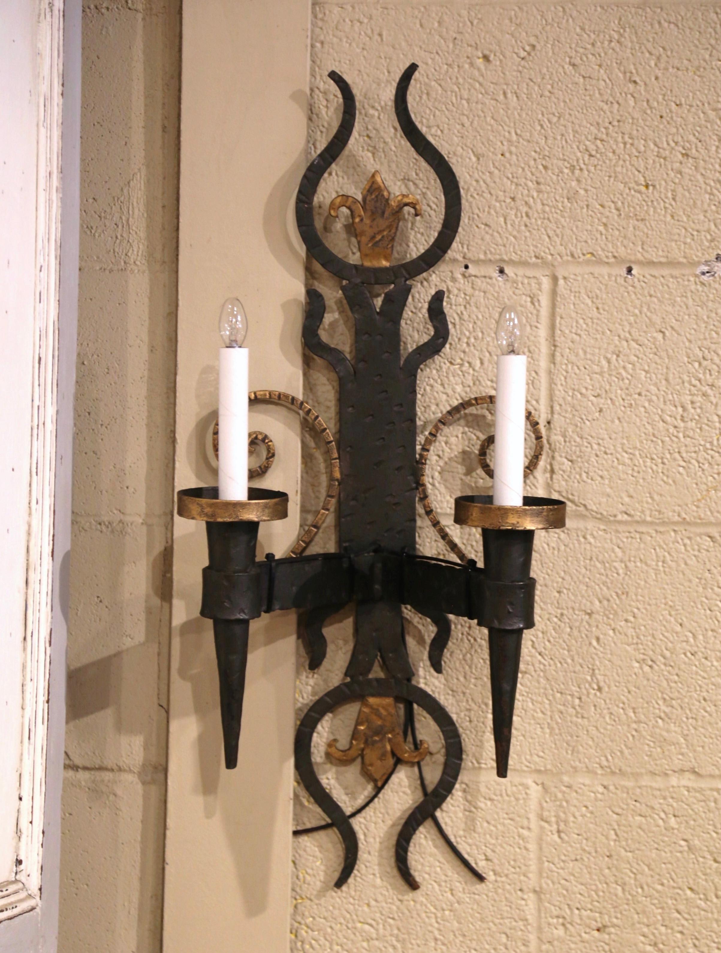 19th Century French Forged Iron Two-Light Wall Torchere Sconces, Set of 3 For Sale 3