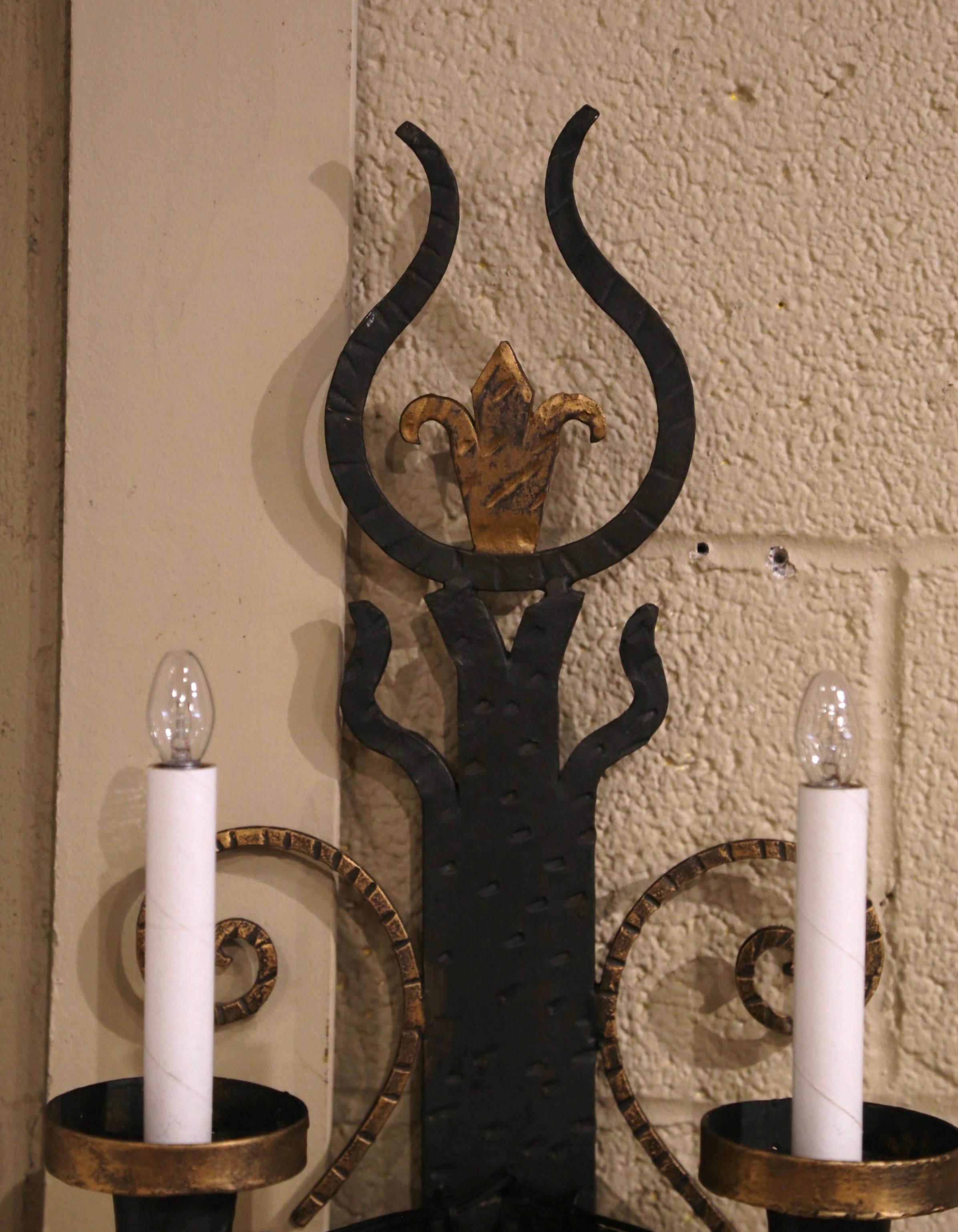 19th Century French Forged Iron Two-Light Wall Torchere Sconces, Set of 3 For Sale 4