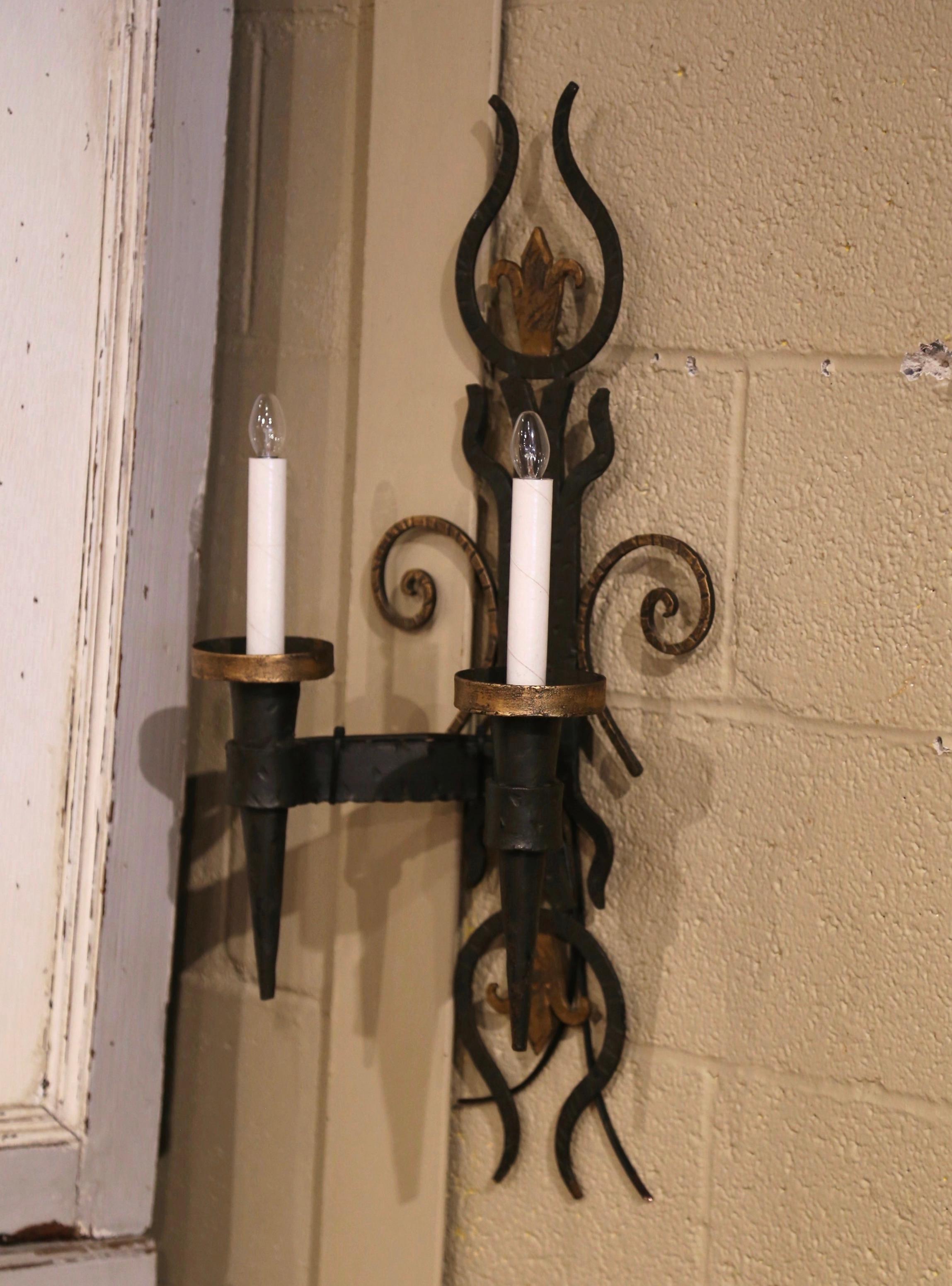 19th Century French Forged Iron Two-Light Wall Torchere Sconces, Set of 3 For Sale 5