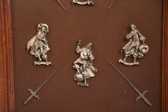 19th Century French Four Musketeers and Swords Metal Figures in Oak Frame