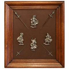 Antique 19th Century French Four Musketeers and Swords Metal Figures in Oak Frame