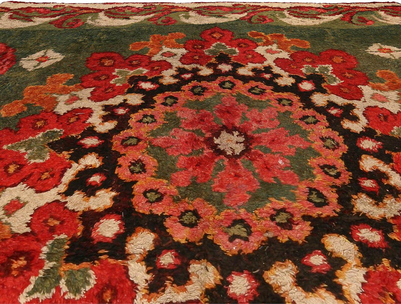 Authentic 19th century French green, red fragment rug
Size: 7'10