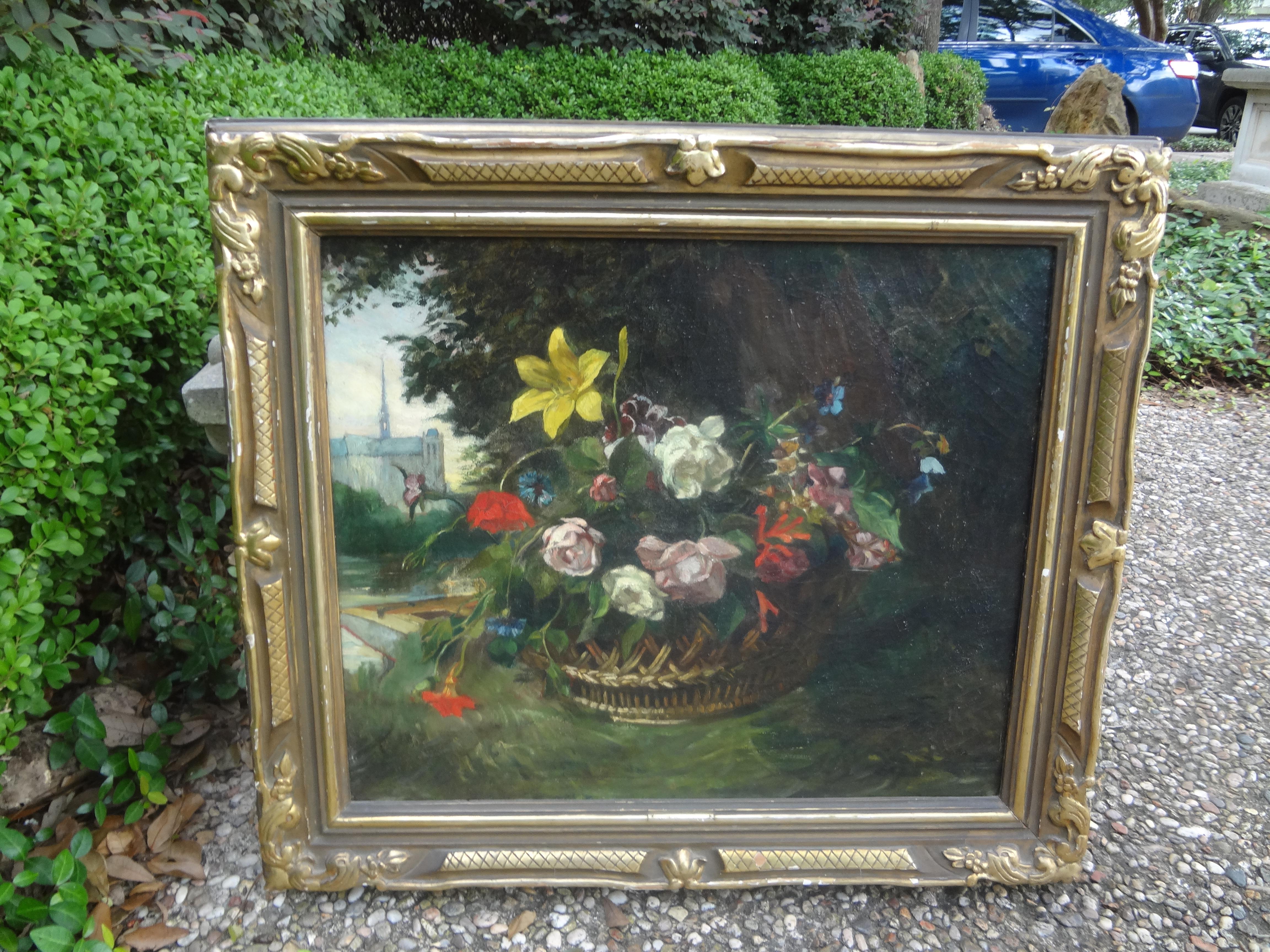 19th Century French Framed Floral Oil Painting For Sale 5