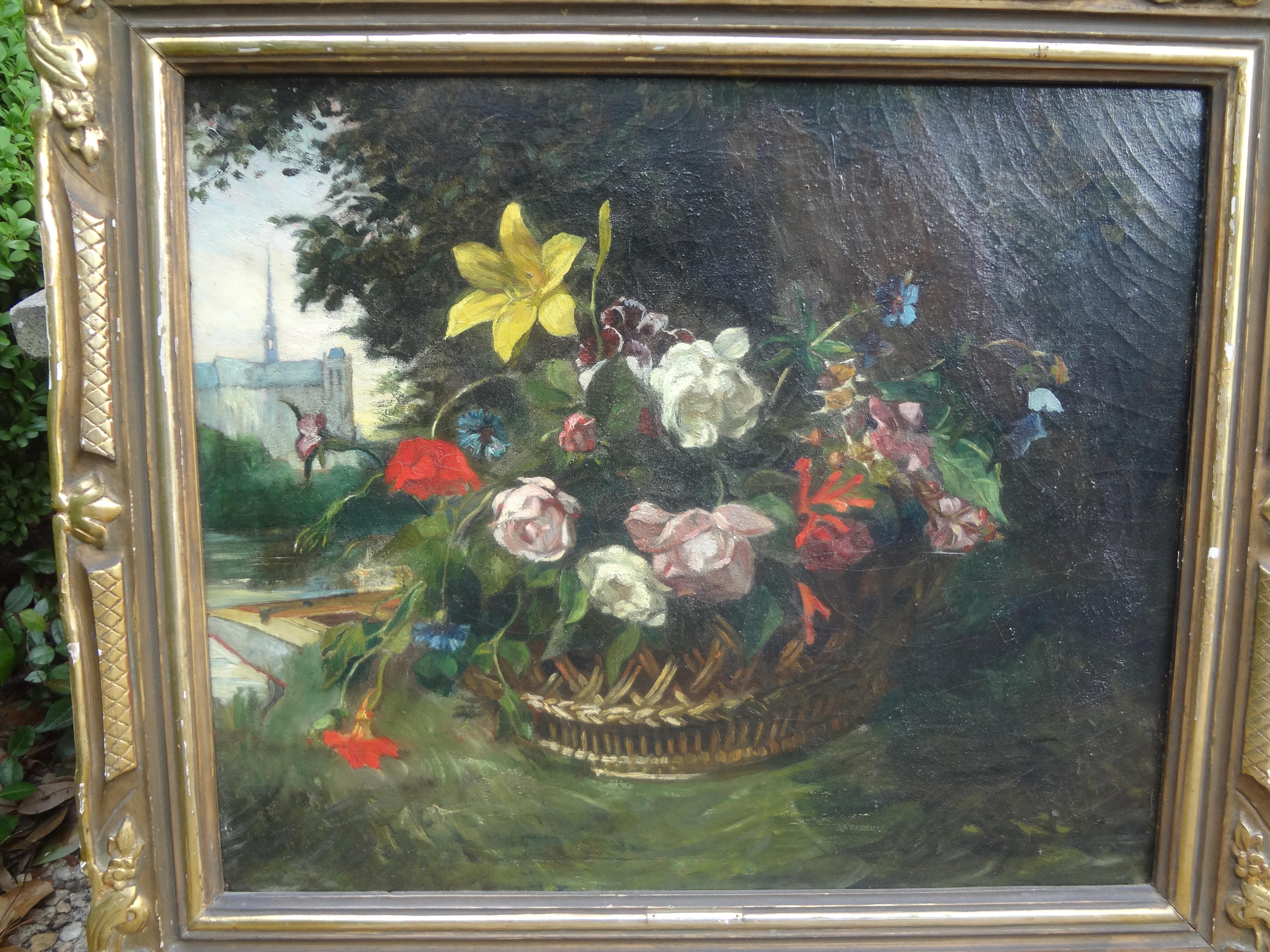 Barbizon School 19th Century French Framed Floral Oil Painting For Sale
