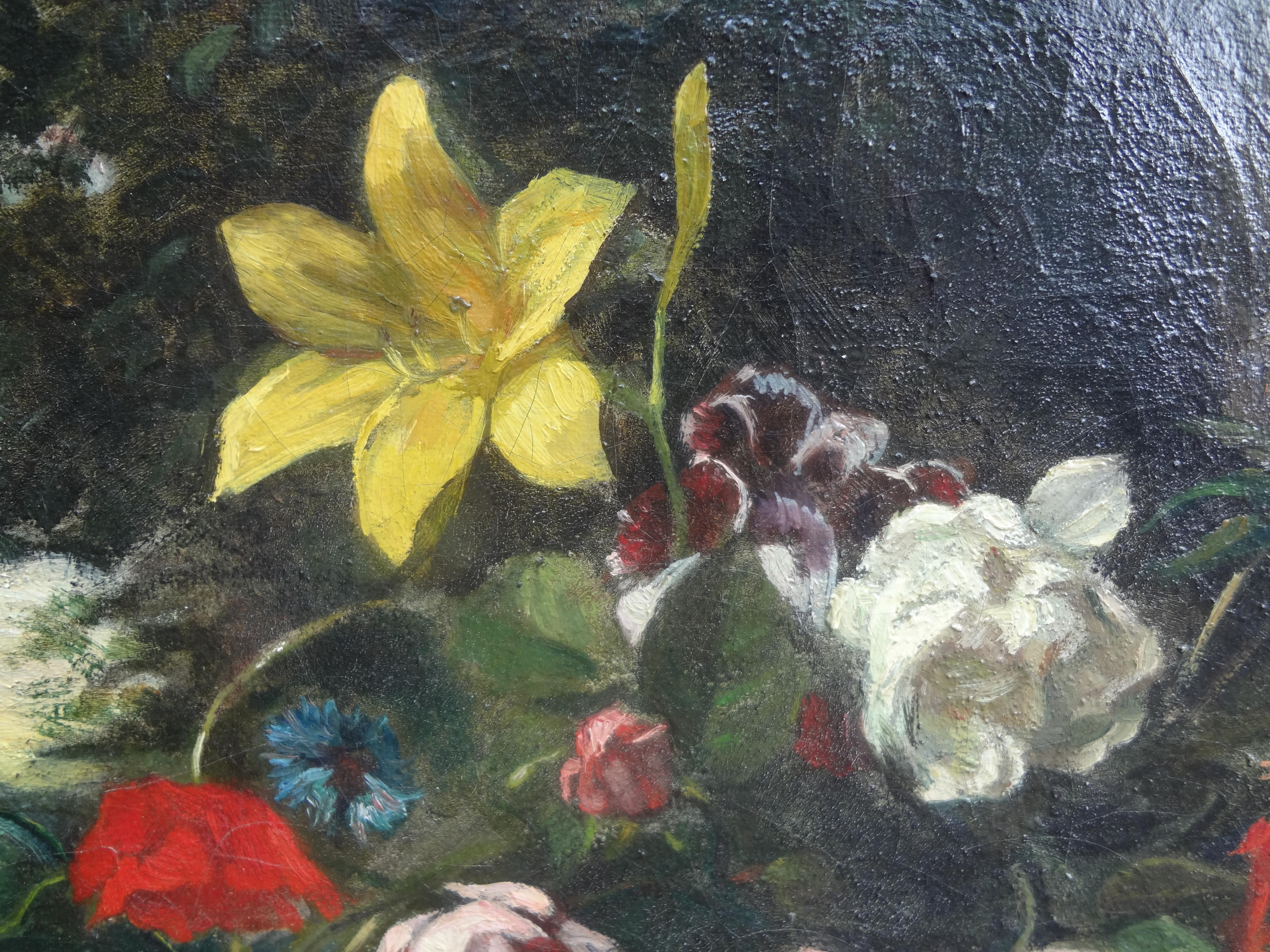 Peinture à l'huile florale française encadrée du 19ème siècle Bon état - En vente à Houston, TX