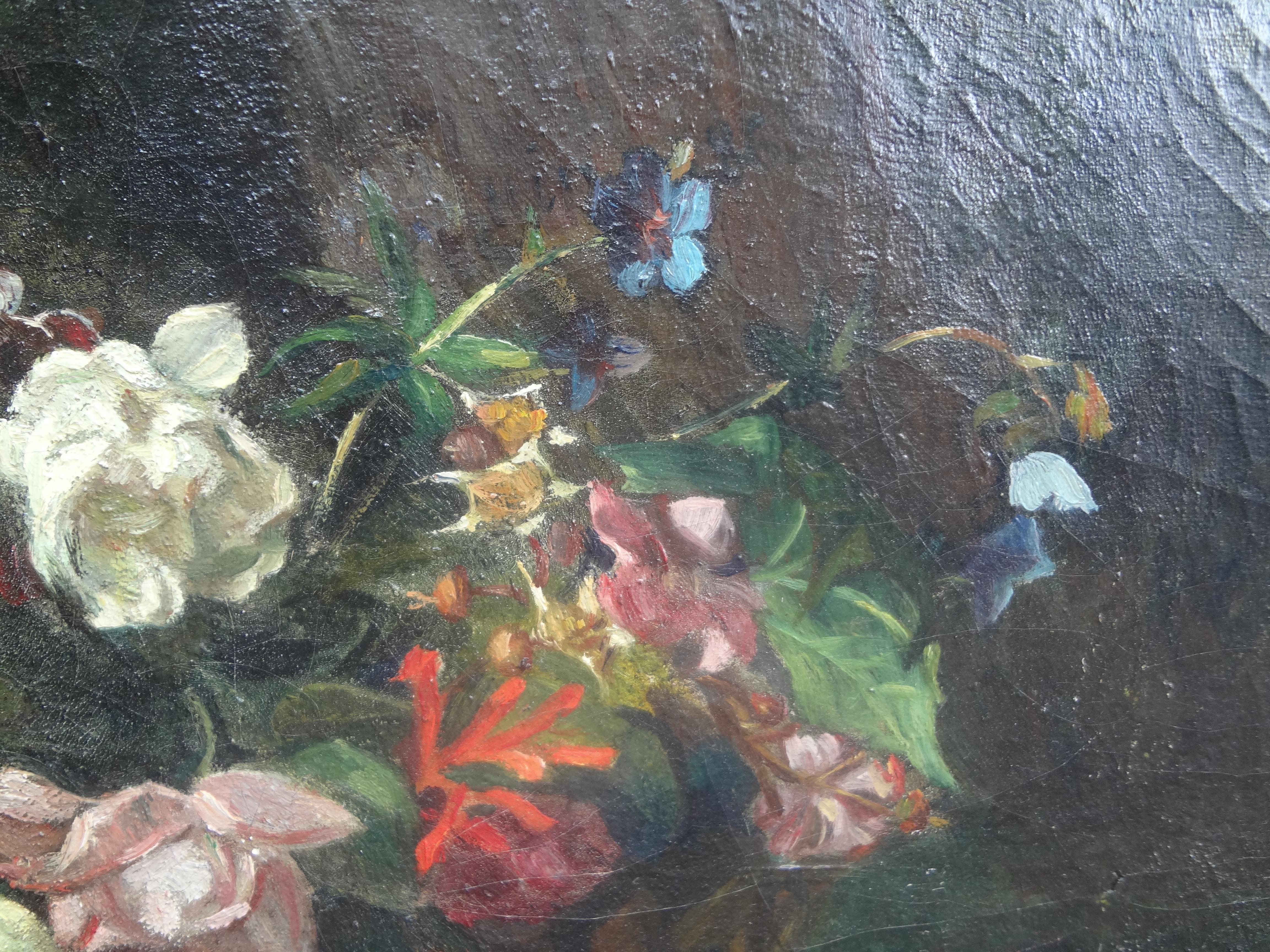 Milieu du XIXe siècle Peinture à l'huile florale française encadrée du 19ème siècle en vente