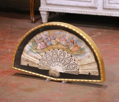 19th Century French Framed Hand-Painted Fan with Bone Guards
