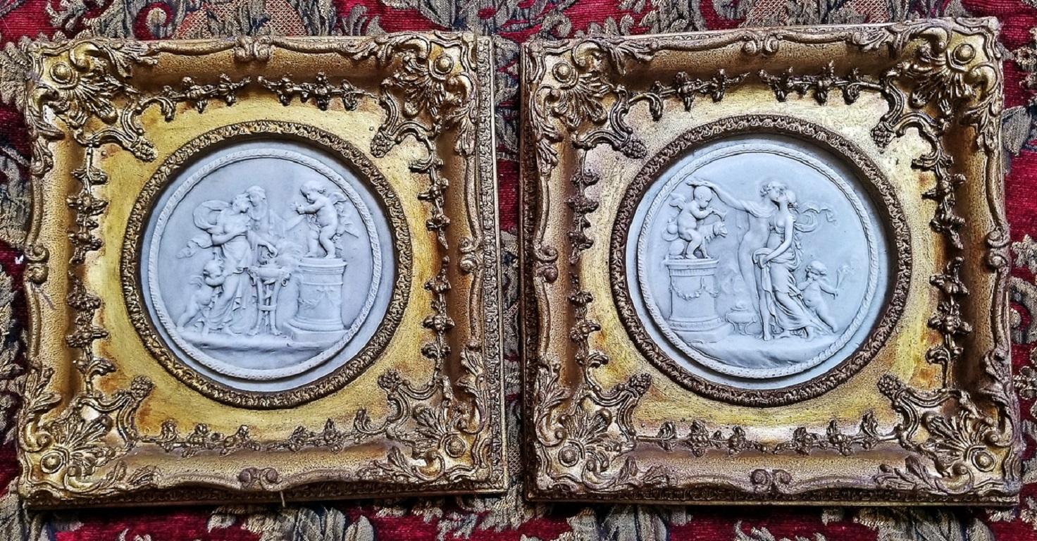 Neoclassical Revival 19th Century French Framed Marble Plaques Pair ft Cherubs
