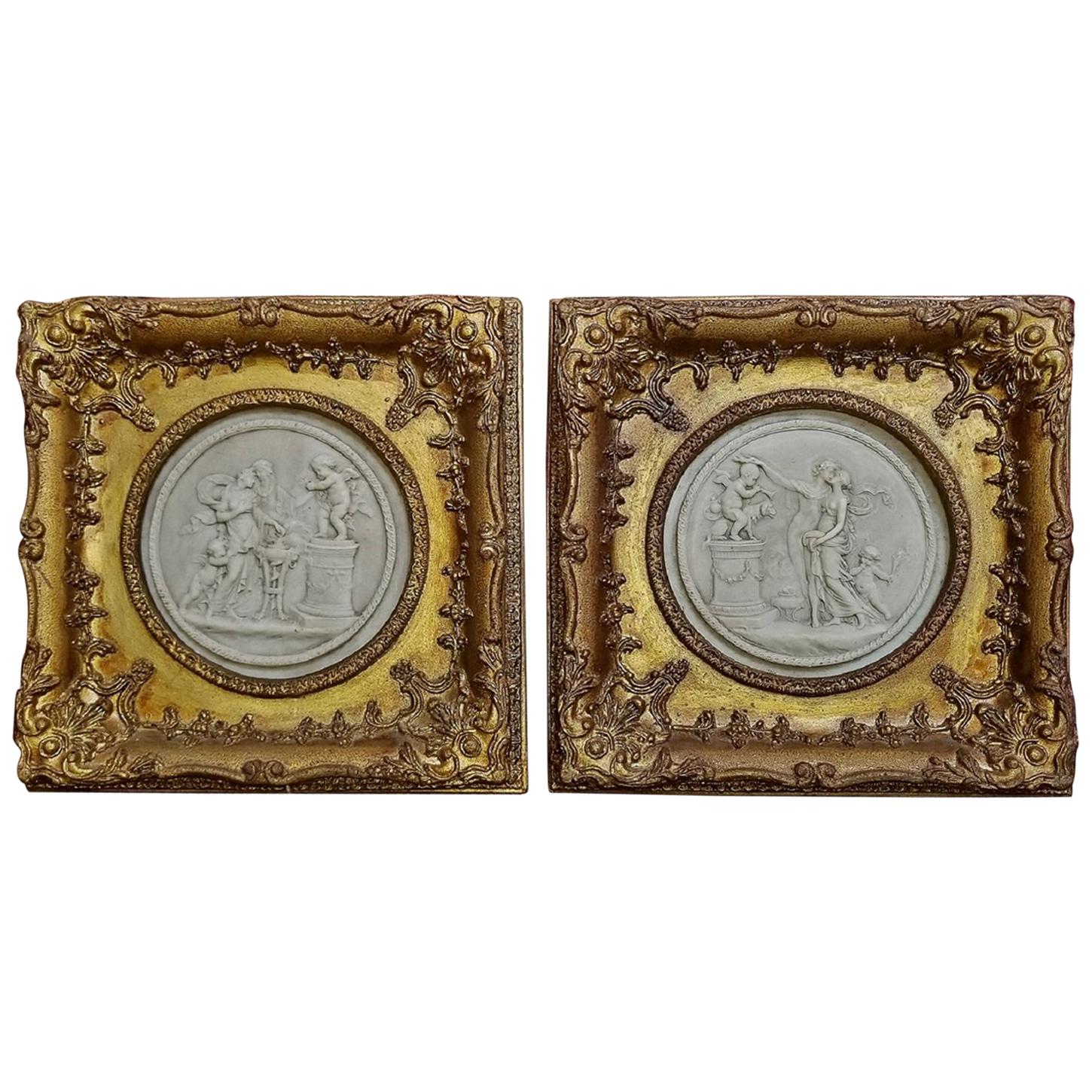 19th Century French Framed Marble Plaques Pair ft Cherubs