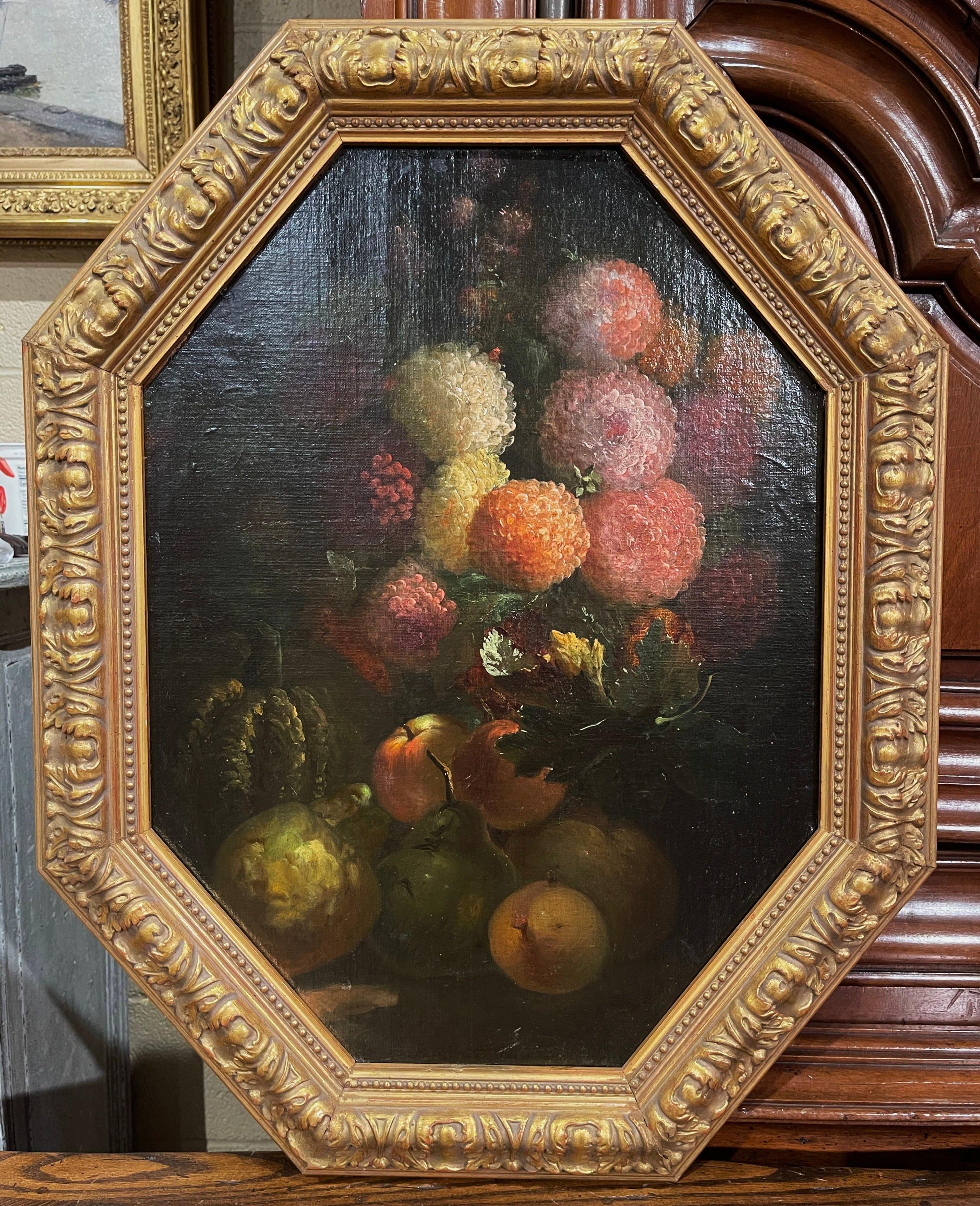 Hand-Carved 19th Century French Framed Oil on Board Still Life Painting After Monnoyer For Sale