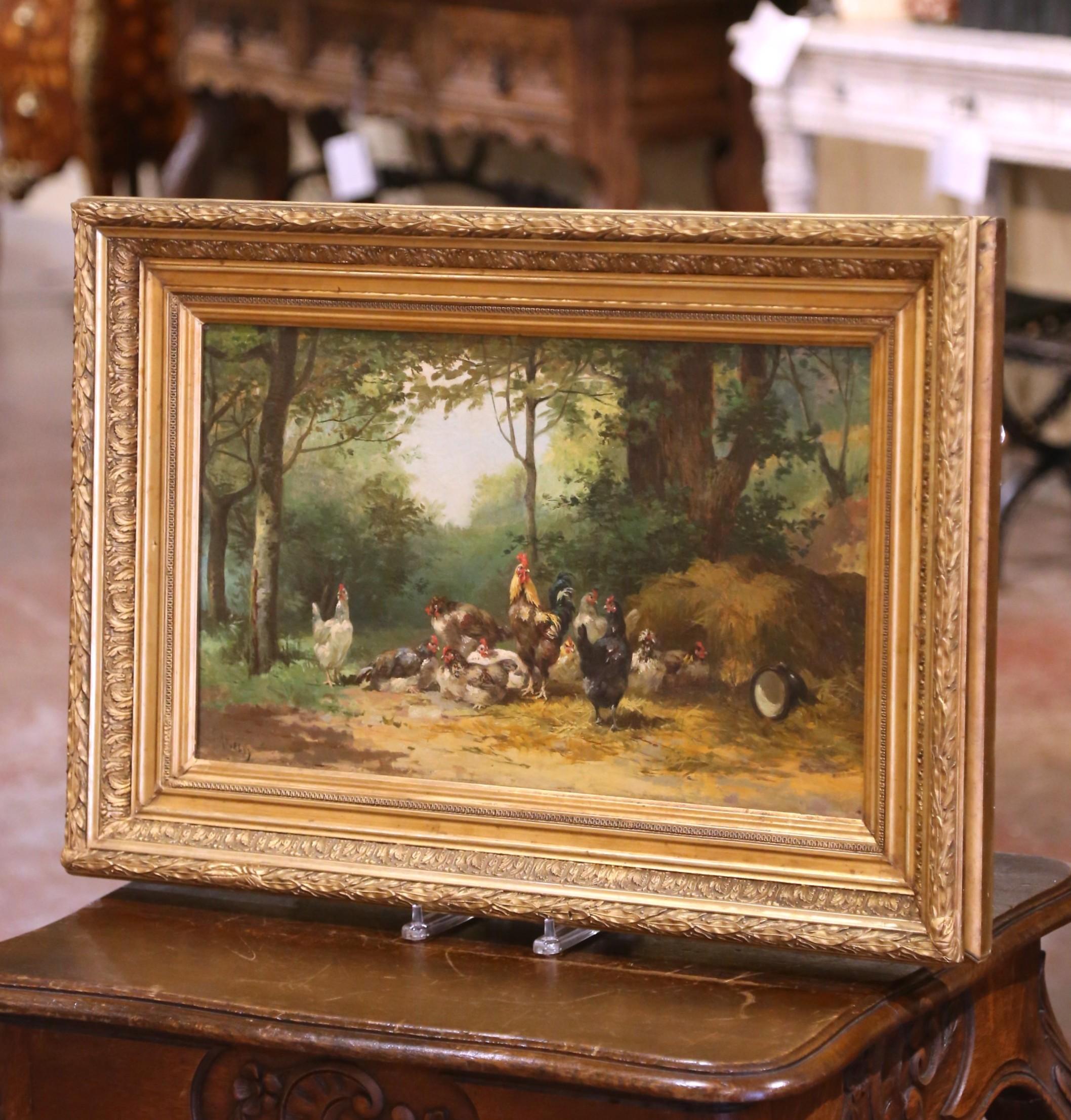 Decora una sala da pranzo o una sala per la colazione con questo elegante quadro antico su tela con aia. Creata in Francia intorno al 1880 e firmata in basso a sinistra dall'artista francese Auguste Angelvy (1824-1889), l'opera è inserita nella