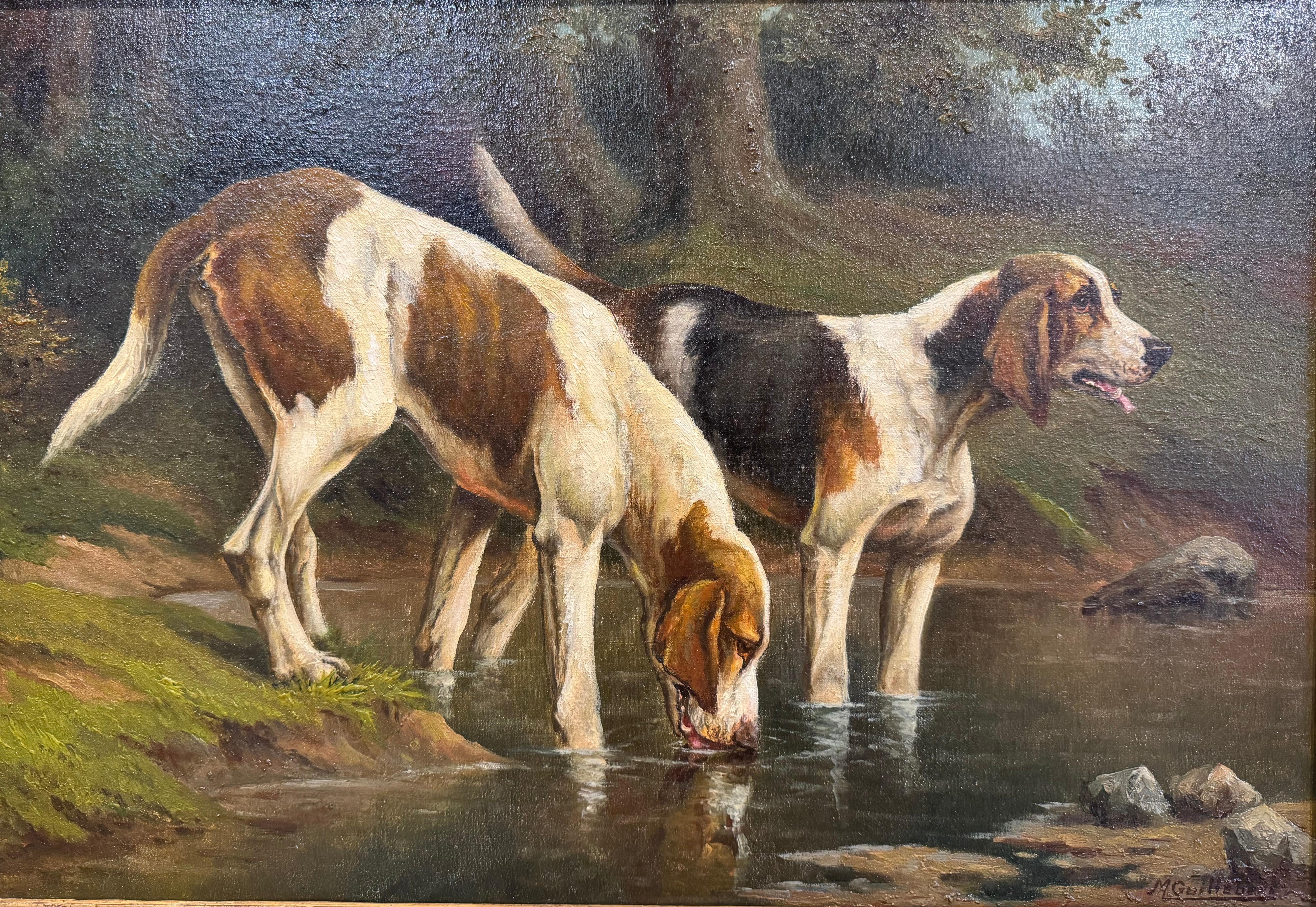 Gilt 19th Century French Framed Oil on Canvas Hunt Dogs Painting Signed Guillebert