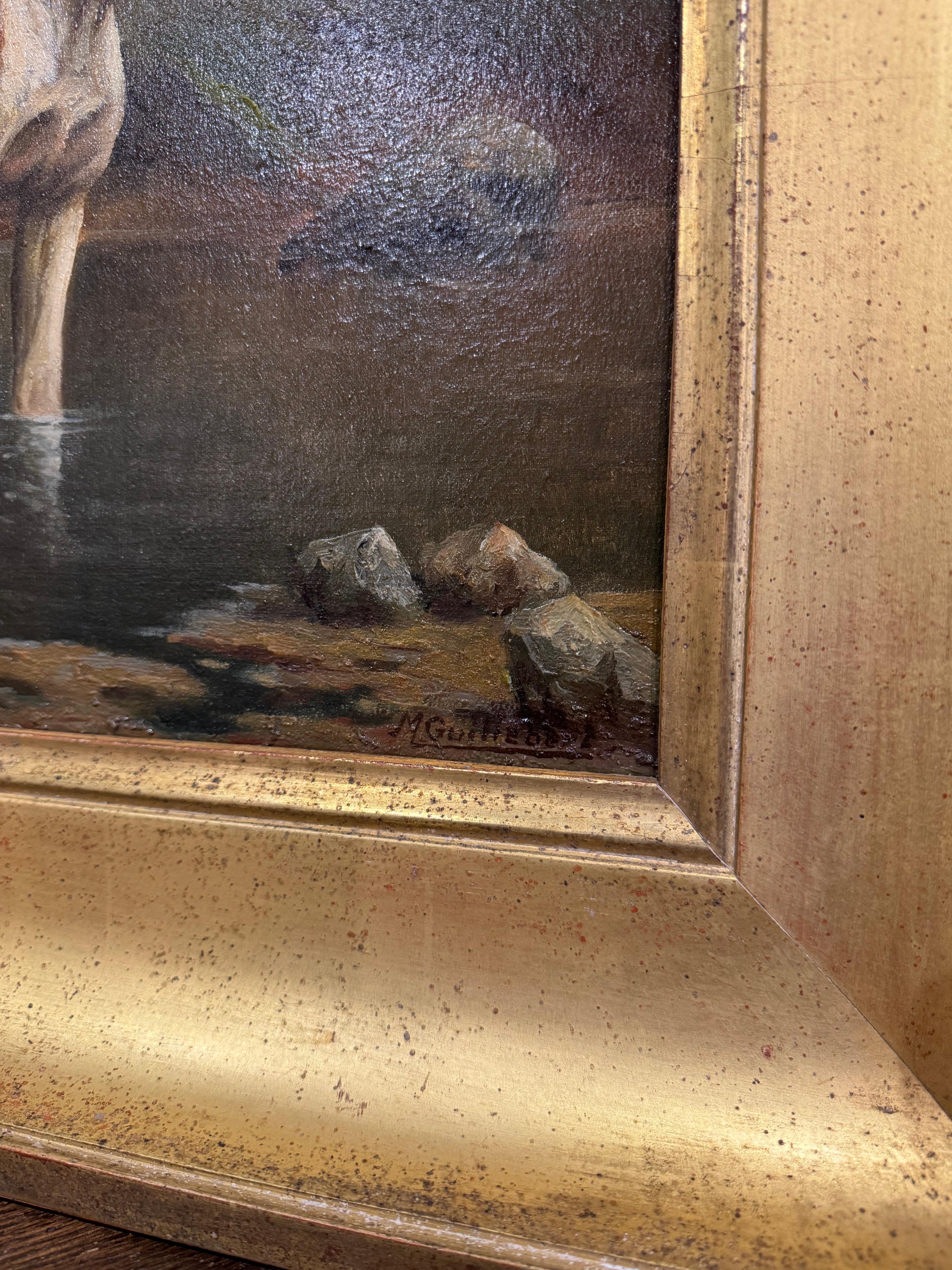 19th Century French Framed Oil on Canvas Hunt Dogs Painting Signed Guillebert In Excellent Condition In Dallas, TX