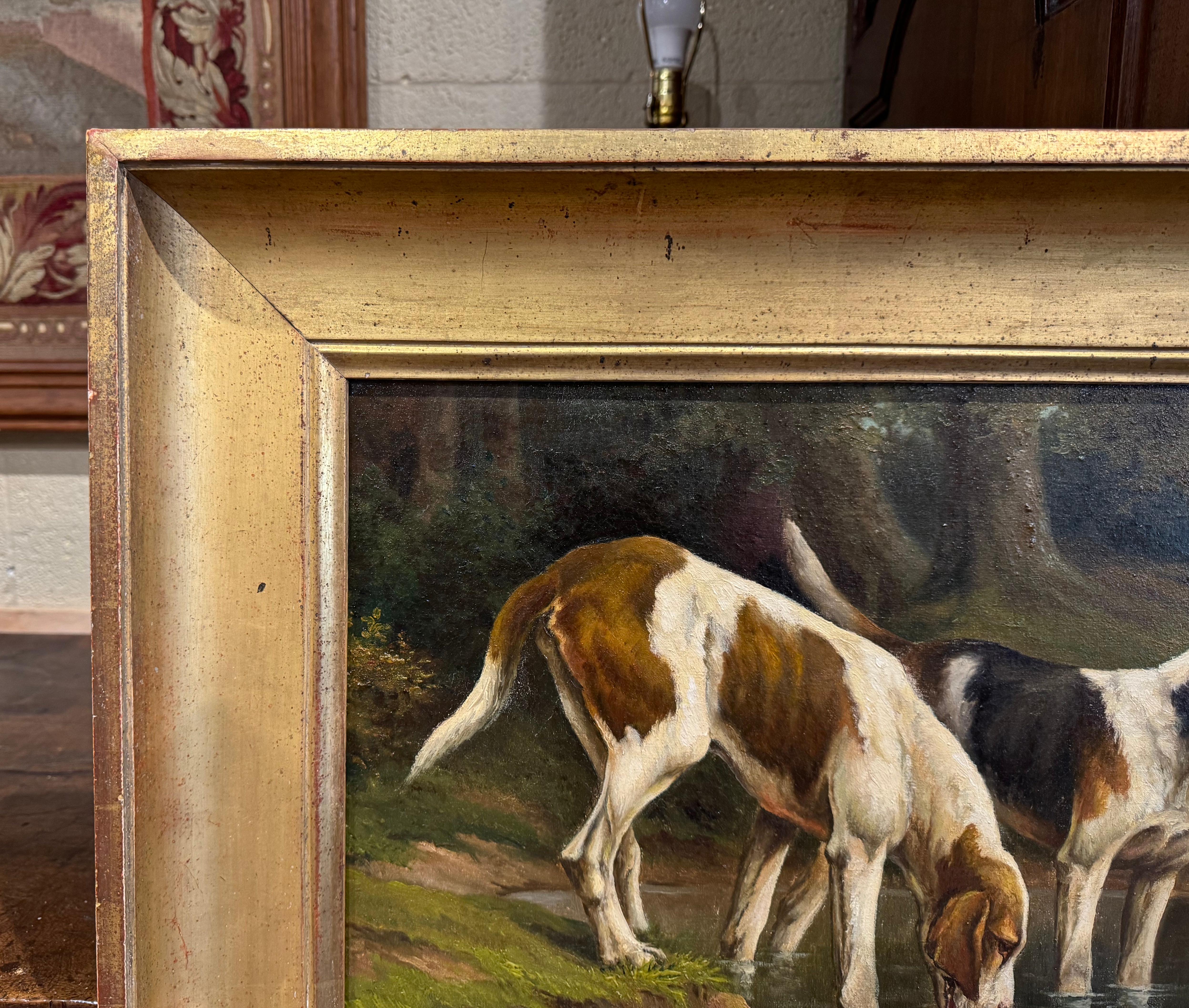 19th Century French Framed Oil on Canvas Hunt Dogs Painting Signed Guillebert 1