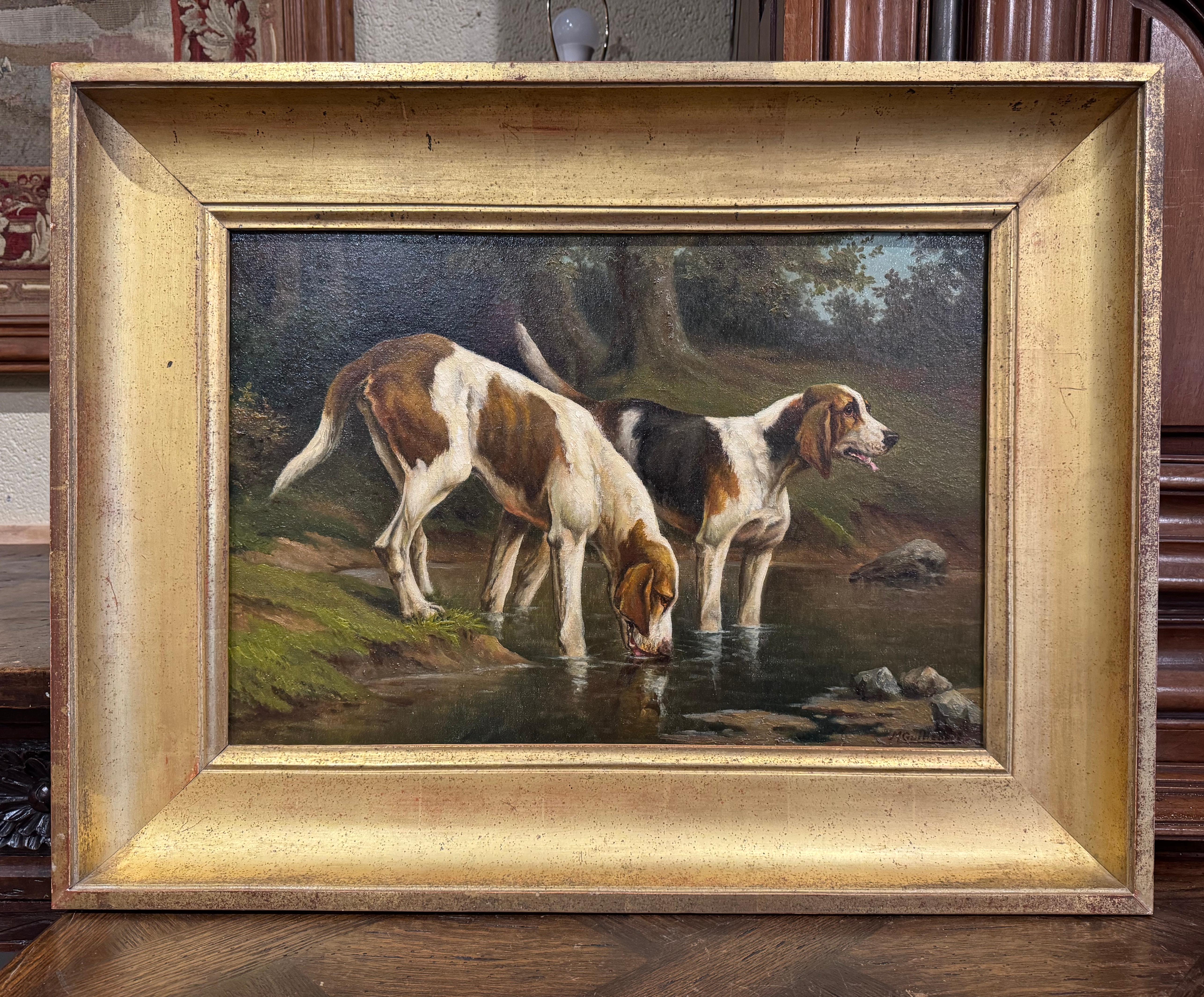 19th Century French Framed Oil on Canvas Hunt Dogs Painting Signed Guillebert 2
