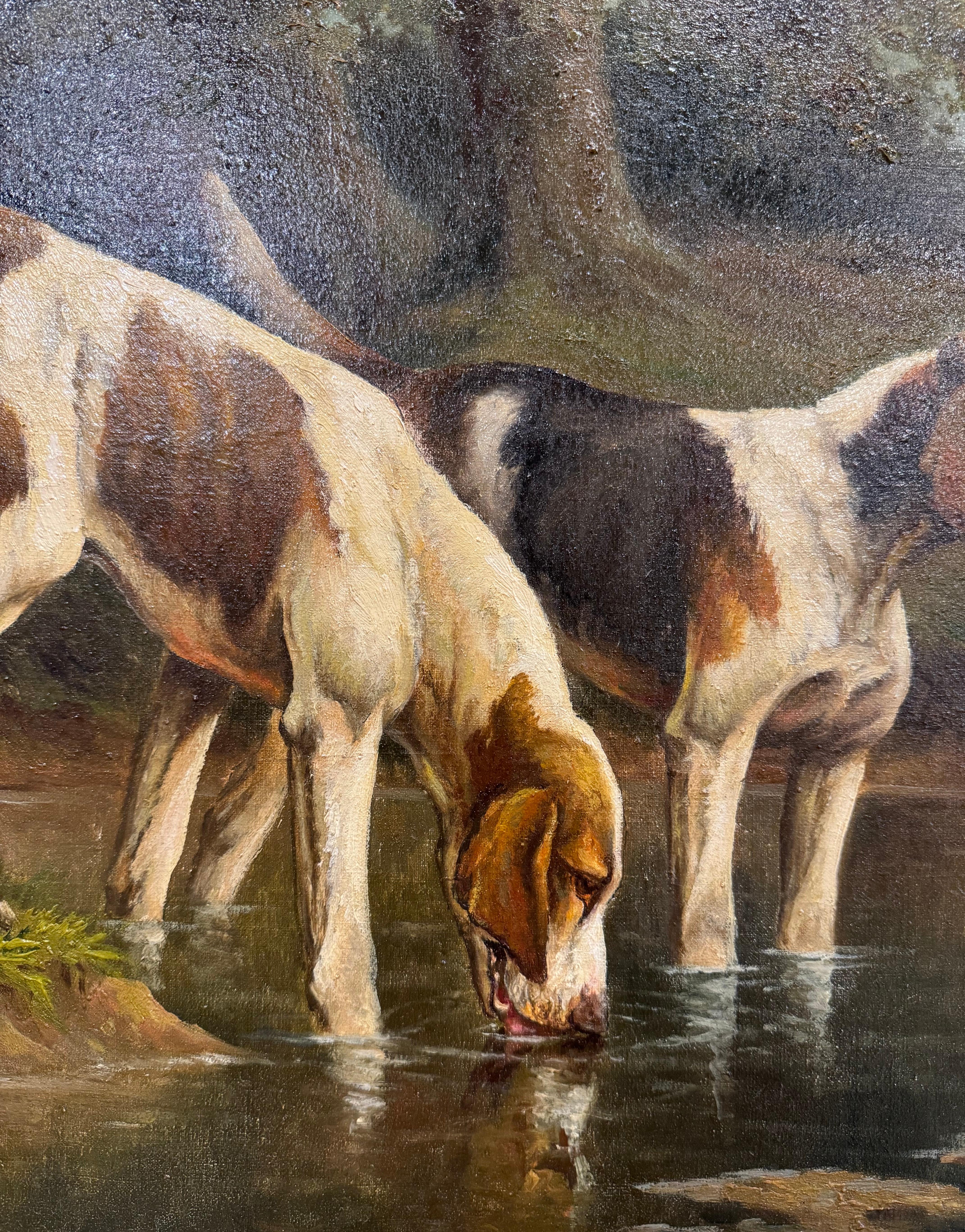 19th Century French Framed Oil on Canvas Hunt Dogs Painting Signed Guillebert 3