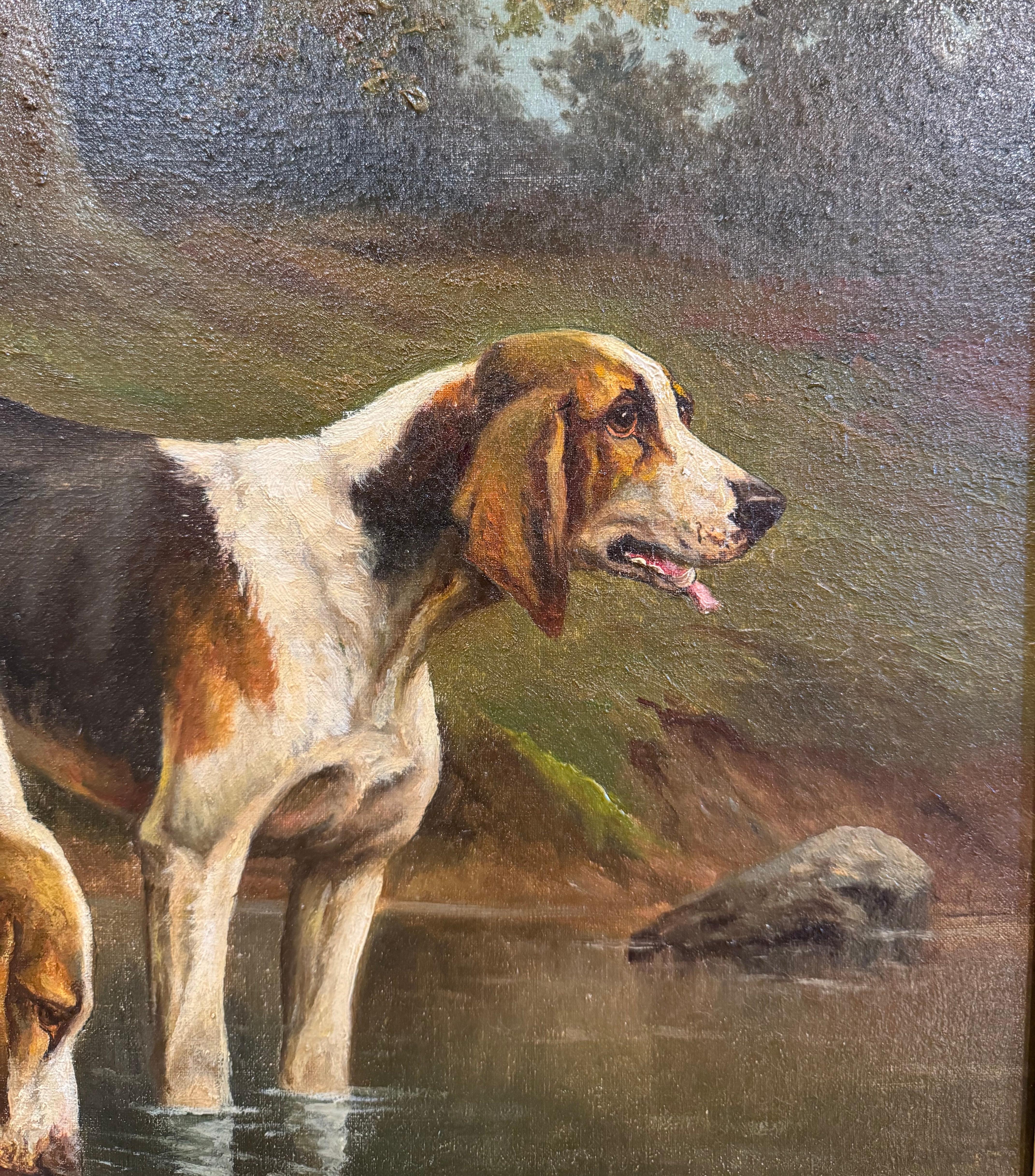 19th Century French Framed Oil on Canvas Hunt Dogs Painting Signed Guillebert 4
