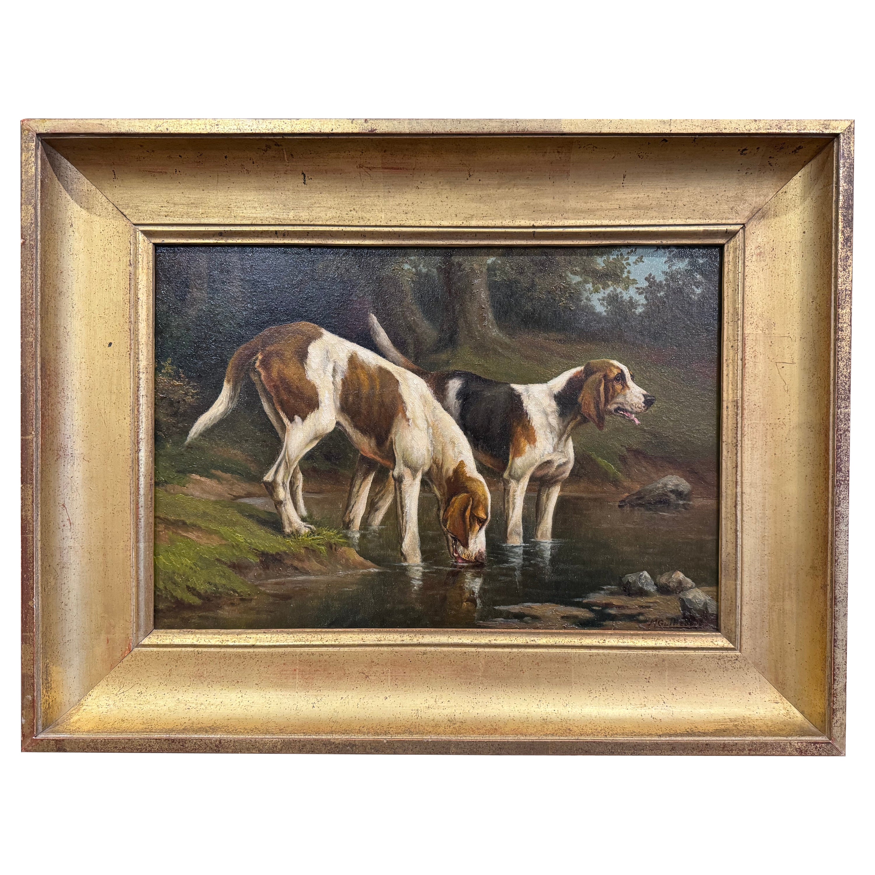 19th Century French Framed Oil on Canvas Hunt Dogs Painting Signed Guillebert