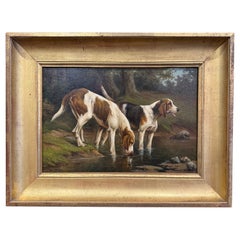19th Century French Framed Oil on Canvas Hunt Dogs Painting Signed Guillebert