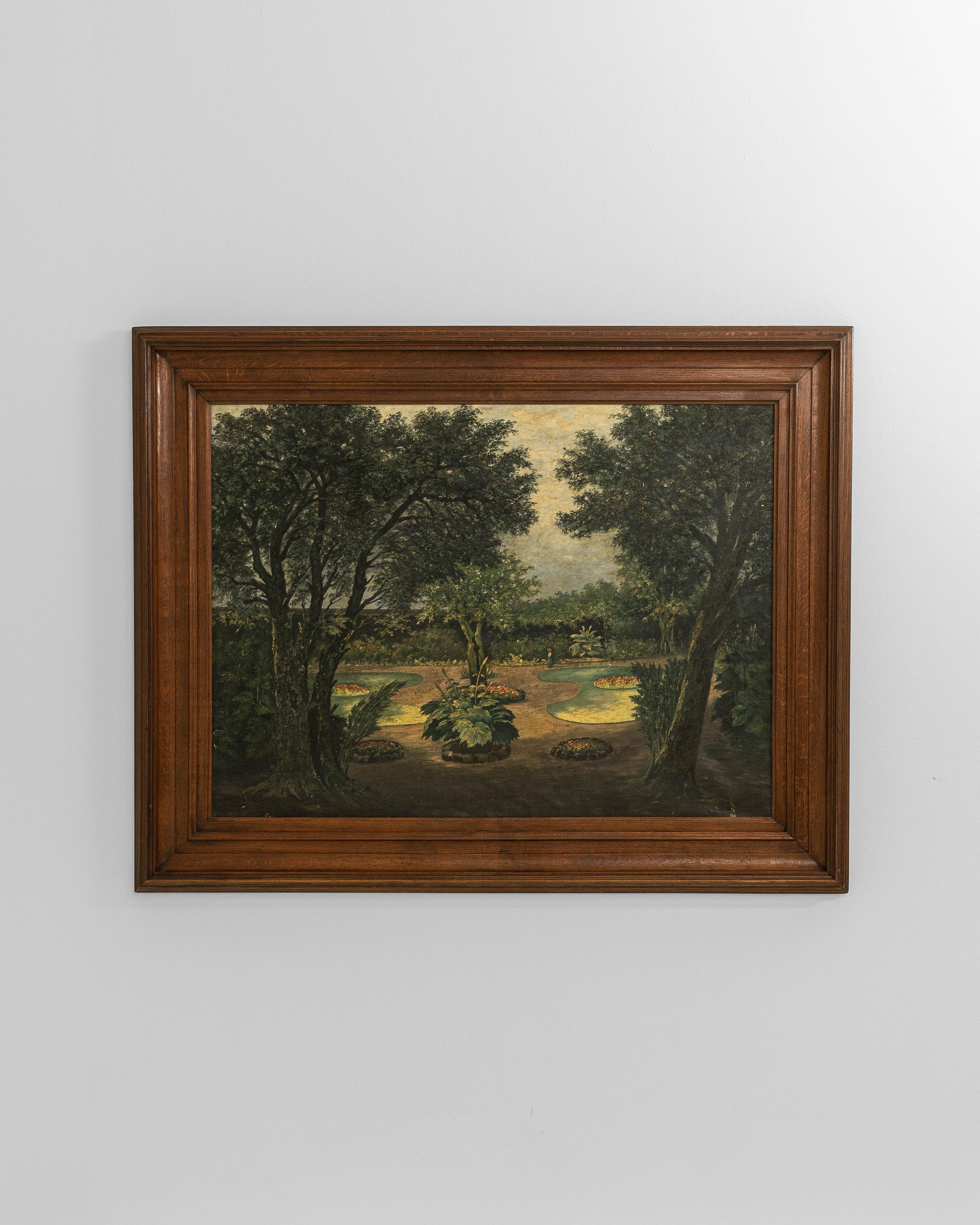This 19th-century French oil on canvas captures a serene landscaped garden scene rendered with depth, balance, and atmospheric nuance. The composition draws the eye through a formal arrangement of pathways, water features, and lush plantings, framed