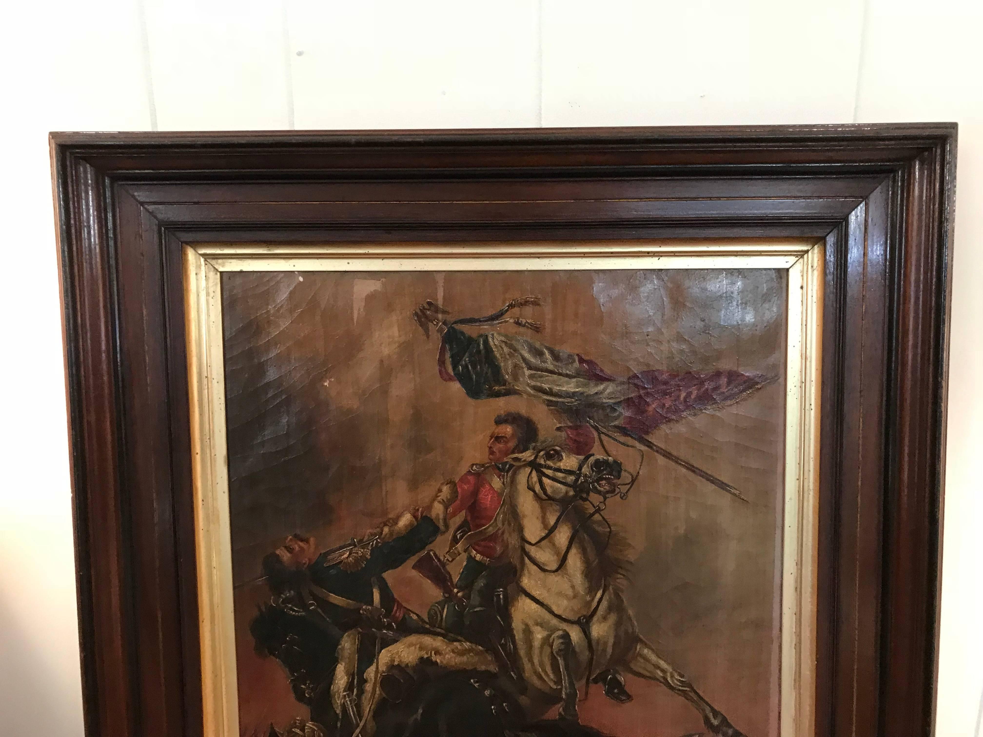 Offered is an immaculate, 19th century oil painting of men at war on horses, during the Franco-Prussian French war. Stunning detailing all-over. Framed. Signed 