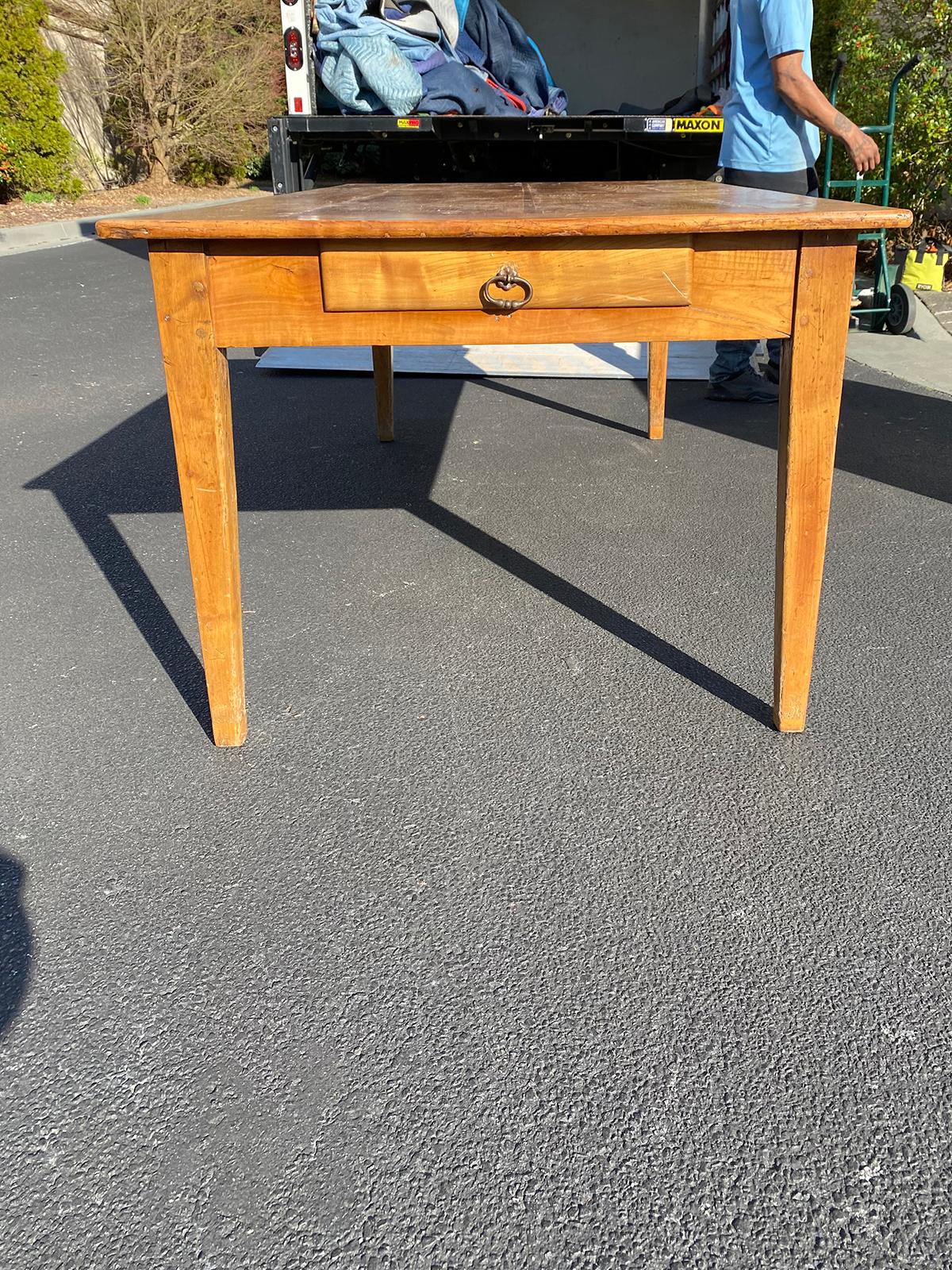 English 19th Century French Fruitwood Farm Table with Cutlery Drawer and Slide